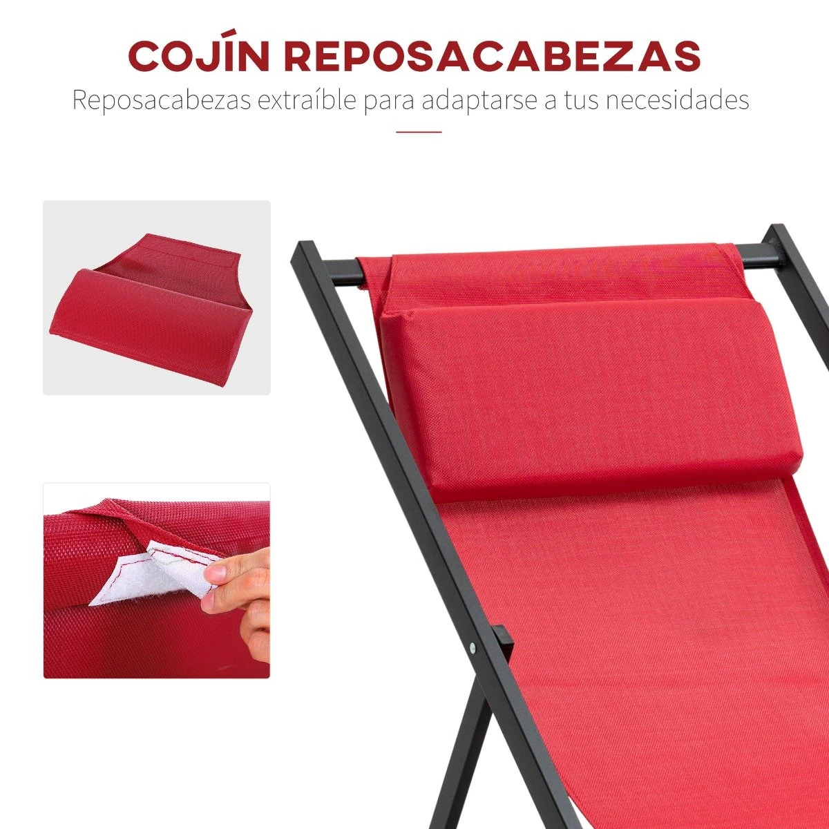 Outsunny Conjunto De 2 Tumbonas Plegables Con Respaldo Regulable En 5 Posiciones Y Reposacabezas Acolchado Incorporado 58x96.5x91.5cm Rojo Vino 6 Outsunny Conjunto De 2 Tumbonas Plegables Con Respaldo Regulable En 5 Posiciones Y Reposacabezas Acolchado Incorporado 58x96.5x91.5cm Rojo Vino - Imagen 5