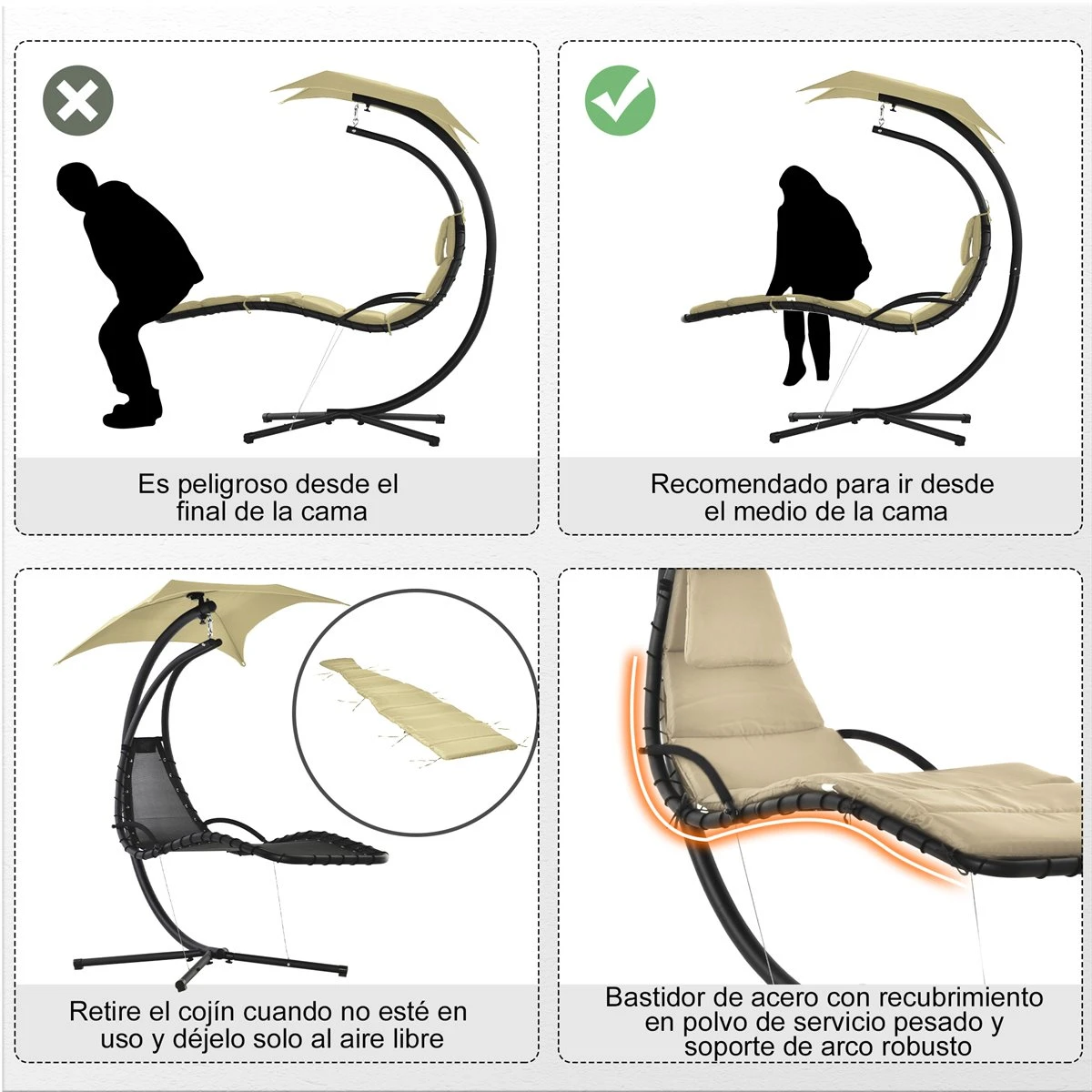 Outsunny Tumbona Colgante Con Sombrilla Protección UV Hamaca Sillón Con Toldo Estructura Estable Cuerda Antivuelco Y Forma Ergonómico Para Jardín Patio Terraza Metal 190x110x190 Cm Beige 9 Outsunny Tumbona Colgante Con Sombrilla Protección UV Hamaca Sillón Con Toldo Estructura Estable Cuerda Antivuelco Y Forma Ergonómico Para Jardín Patio Terraza Metal 190x110x190 Cm Beige - Imagen 7