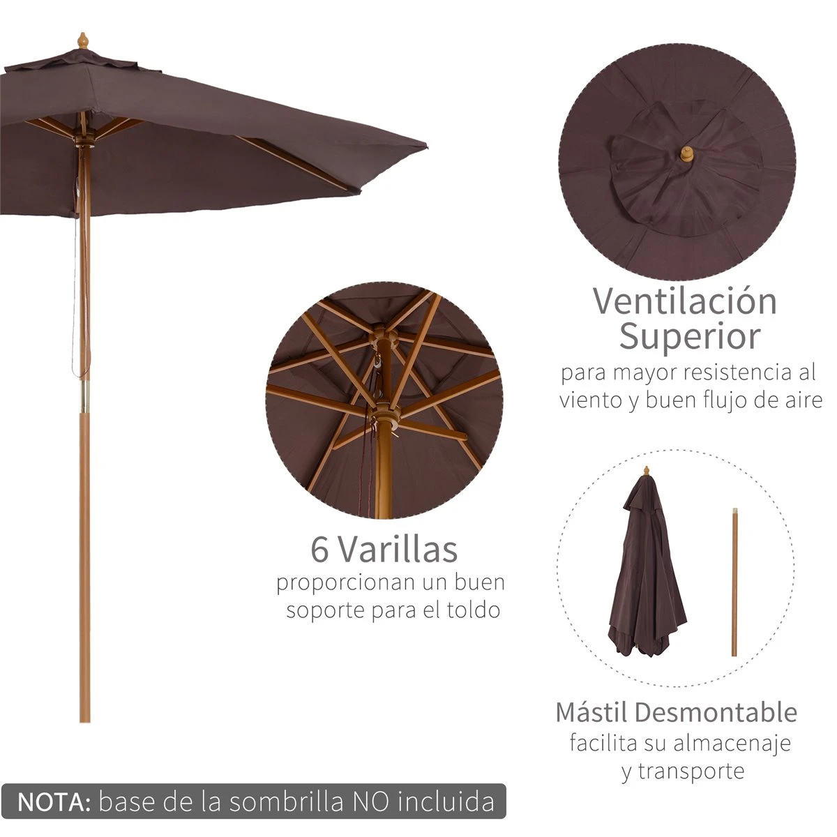 Outsunny Sombrilla Parasol De Madera Ø250x230cm Para Exterior Con 6 Varillas Sistema De Cuerda Con Fijación Desmontable Portátil Fácil De Guardar Y Transportar Café 7 Outsunny Sombrilla Parasol De Madera Ø250x230cm Para Exterior Con 6 Varillas Sistema De Cuerda Con Fijación Desmontable Portátil Fácil De Guardar Y Transportar Café - Imagen 5