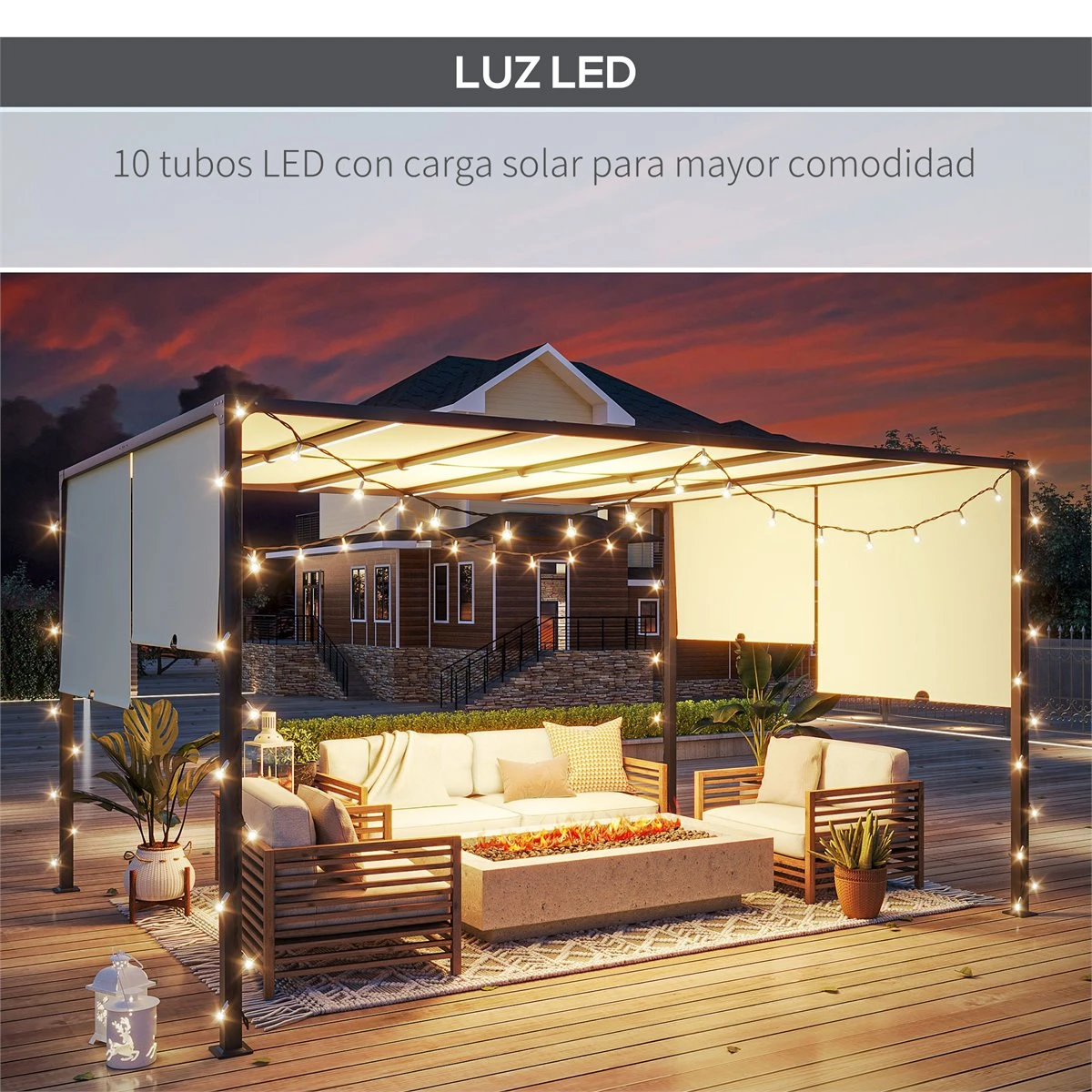 Outsunny Pérgola De Jardín 3x4 M Con Techo Retráctil Cenador Con Luces LED Energía Solar Marco De Acero Carpa Para Patio Terraza Balcón Crema 7 Outsunny Pérgola De Jardín 3x4 M Con Techo Retráctil Cenador Con Luces LED Energía Solar Marco De Acero Carpa Para Patio Terraza Balcón Crema - Imagen 5