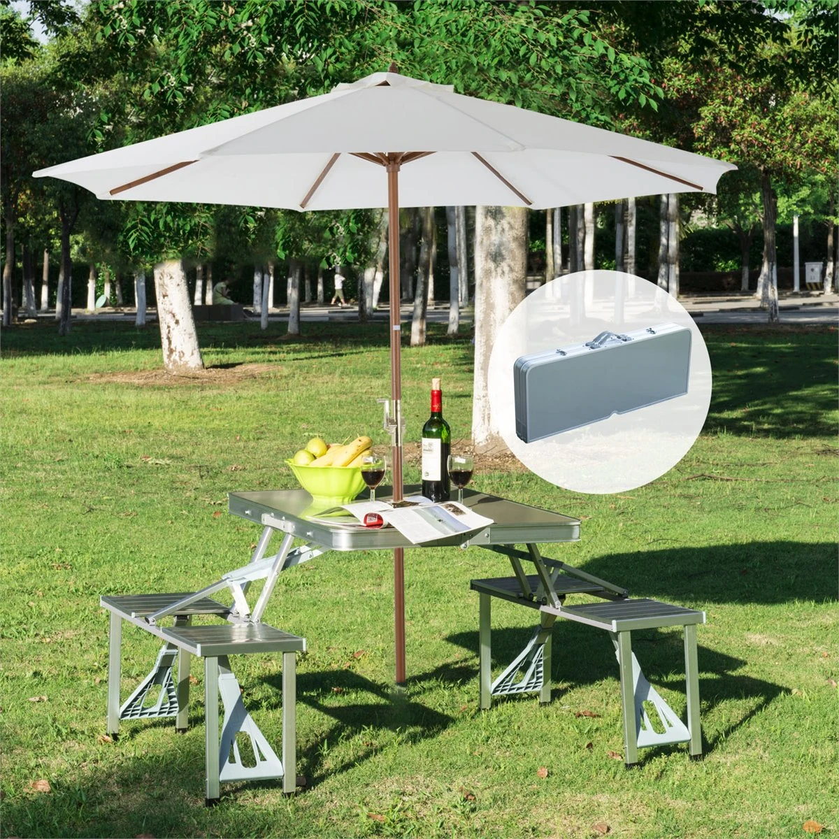 Outsunny Mesa Maleta De Camping Plegable Portátil Con 4 Asientos Y Agujero Para Sombrilla Estructura De Aluminio Para Playa Picnic 136x85,5x66 Cm Plata 4 Outsunny Mesa Maleta De Camping Plegable Portátil Con 4 Asientos Y Agujero Para Sombrilla Estructura De Aluminio Para Playa Picnic 136x85,5x66 Cm Plata - Imagen 2