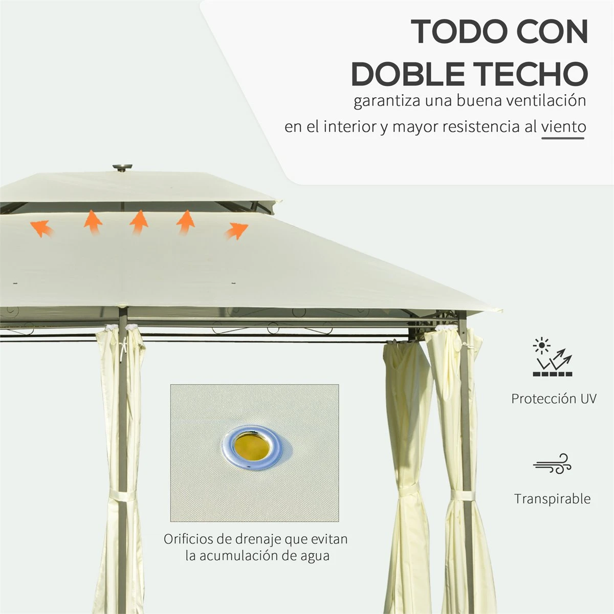 Outsunny Carpa De Jardín 4x3 M Cenador Con Doble Techo 6 Cortinas Laterales Luz LED Con Panel Solar Para Patio Terraza Color Crema 6 Outsunny Carpa De Jardín 4x3 M Cenador Con Doble Techo 6 Cortinas Laterales Luz LED Con Panel Solar Para Patio Terraza Color Crema - Imagen 4