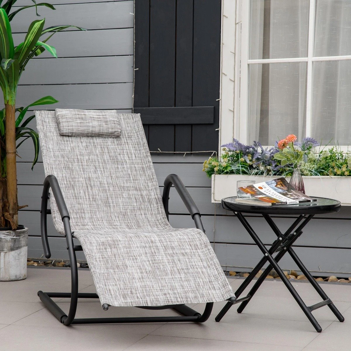 Outsunny Tumbona De Jardín Ergonómica Con Reposacabezas Reposapiés Y Reposabrazos Mecedora Tapizado En Tela Texteline Transpirable Para Terraza Patio 160x59,5x83 Cm Gris 4 Outsunny Tumbona De Jardín Ergonómica Con Reposacabezas Reposapiés Y Reposabrazos Mecedora Tapizado En Tela Texteline Transpirable Para Terraza Patio 160x59,5x83 Cm Gris - Imagen 2