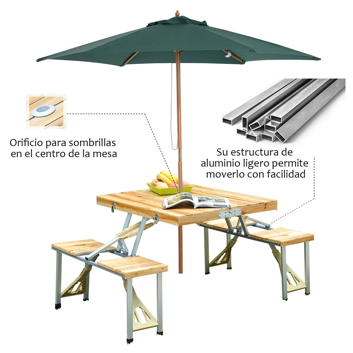 Outsunny Mesa Plegable Para Camping Picnic Playa Con 4 Asientos Y Agujero De Sombrilla Marco De Aluminio 138x85x68 Cm Natural 6 Outsunny Mesa Plegable Para Camping Picnic Playa Con 4 Asientos Y Agujero De Sombrilla Marco De Aluminio 138x85x68 Cm Natural - Imagen 4