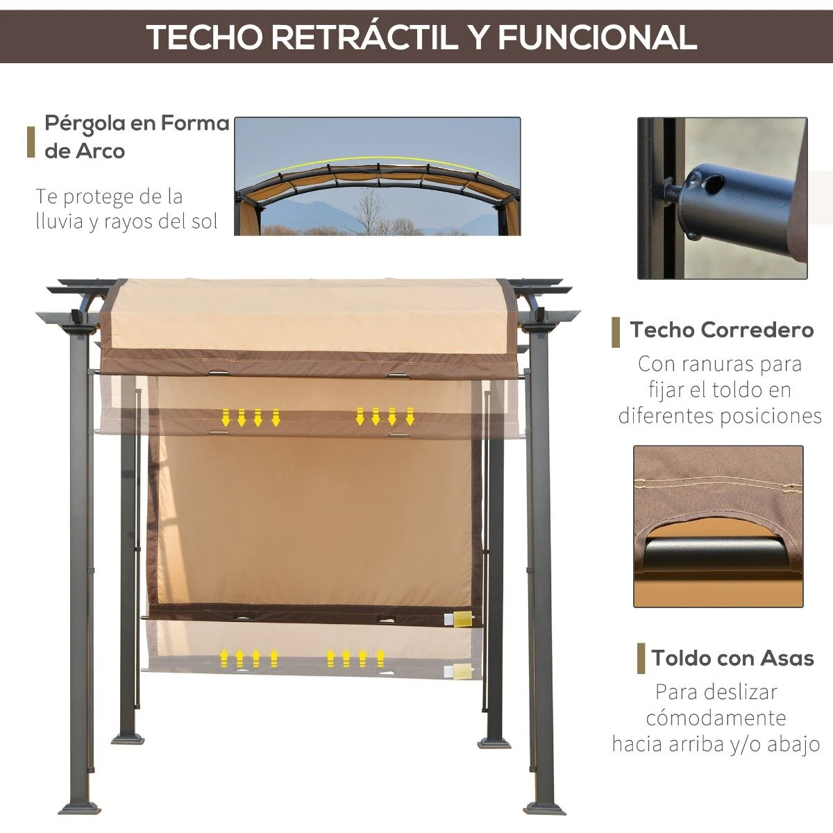 Outsunny Pérgola 3x2,5 M Cenador Con Techo Retráctil Para Jardín Patio Terraza Tela Poliéster Atornillados Resistente Protección De Rayos UV Beige 7 Outsunny Pérgola 3x2,5 M Cenador Con Techo Retráctil Para Jardín Patio Terraza Tela Poliéster Atornillados Resistente Protección De Rayos UV Beige - Imagen 5