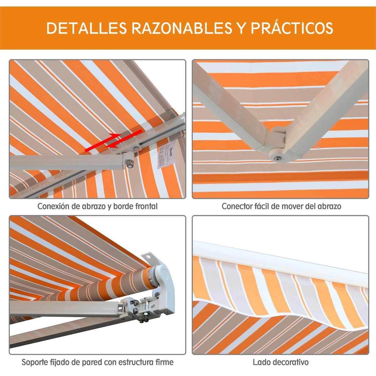 Outsunny Toldo Retráctil Con Manivela Toldo De 300x250cm Con Brazo Articulado De Aluminio Y Poliéster 280g/m² Rayas Naranja Beige Y Blanco 9 Outsunny Toldo Retráctil Con Manivela Toldo De 300x250cm Con Brazo Articulado De Aluminio Y Poliéster 280g/m² Rayas Naranja Beige Y Blanco - Imagen 7