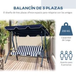 Outsunny Columpio Balancín De Jardín Exterior 3 Plazas De Metal Con Cojín Y Techo Ajustable Para Balcón Terraza Carga 200 Kg 170x110x153 Cm Raya Azul 16 Outsunny Columpio Balancín De Jardín Exterior 3 Plazas De Metal Con Cojín Y Techo Ajustable Para Balcón Terraza Carga 200 Kg 170x110x153 Cm Raya Azul -OUTSUNNY TIENDA 44f905d82caeeef462bc8c8ceeb7a9c7e70f7f01 6111fe003408485f9dda6530a46f0289