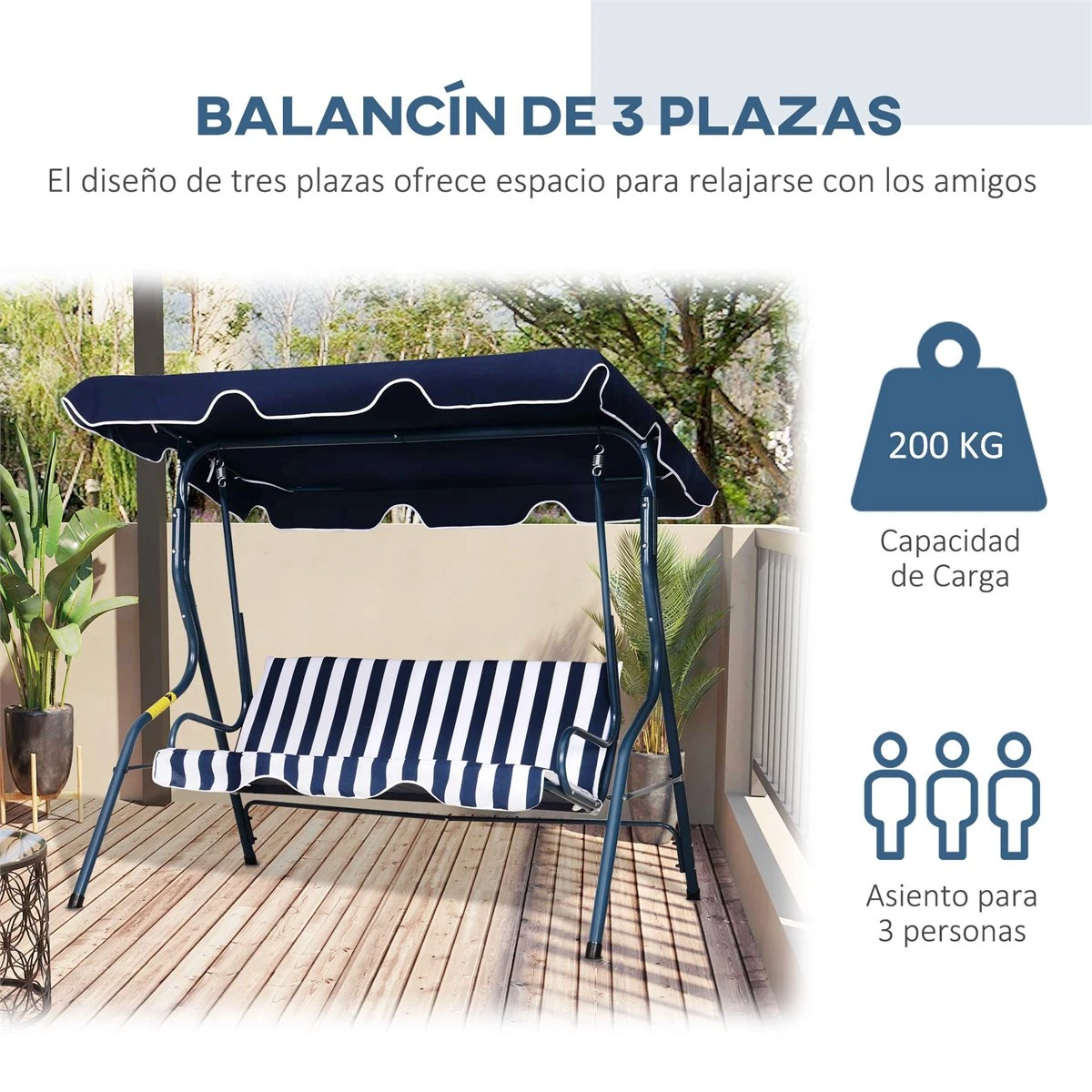 Outsunny Columpio Balancín De Jardín Exterior 3 Plazas De Metal Con Cojín Y Techo Ajustable Para Balcón Terraza Carga 200 Kg 170x110x153 Cm Raya Azul 8 Outsunny Columpio Balancín De Jardín Exterior 3 Plazas De Metal Con Cojín Y Techo Ajustable Para Balcón Terraza Carga 200 Kg 170x110x153 Cm Raya Azul - Imagen 6