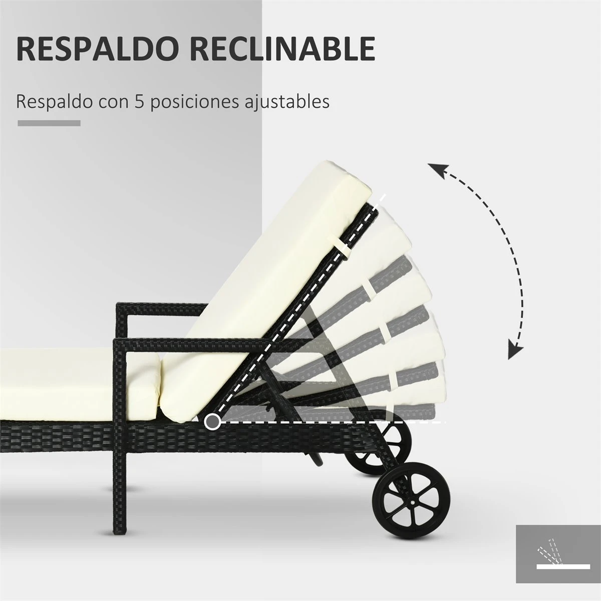 Outsunny Tumbona De Ratán De Jardín Con Cojines Acolchados Respaldo Ajustable En 5 Posiciones 2 Ruedas Y Tela Extraíble Lavable 67x196x96 Cm Negro 6 Outsunny Tumbona De Ratán De Jardín Con Cojines Acolchados Respaldo Ajustable En 5 Posiciones 2 Ruedas Y Tela Extraíble Lavable 67x196x96 Cm Negro - Imagen 4