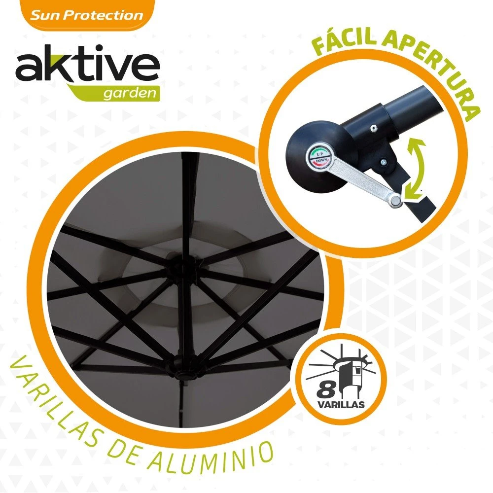 Parasol Excéntrico Banana 300x300x250 Cm Antracita Mástil Acero Aktive 6 Parasol Excéntrico Banana 300x300x250 Cm Antracita Mástil Acero Aktive - Imagen 4