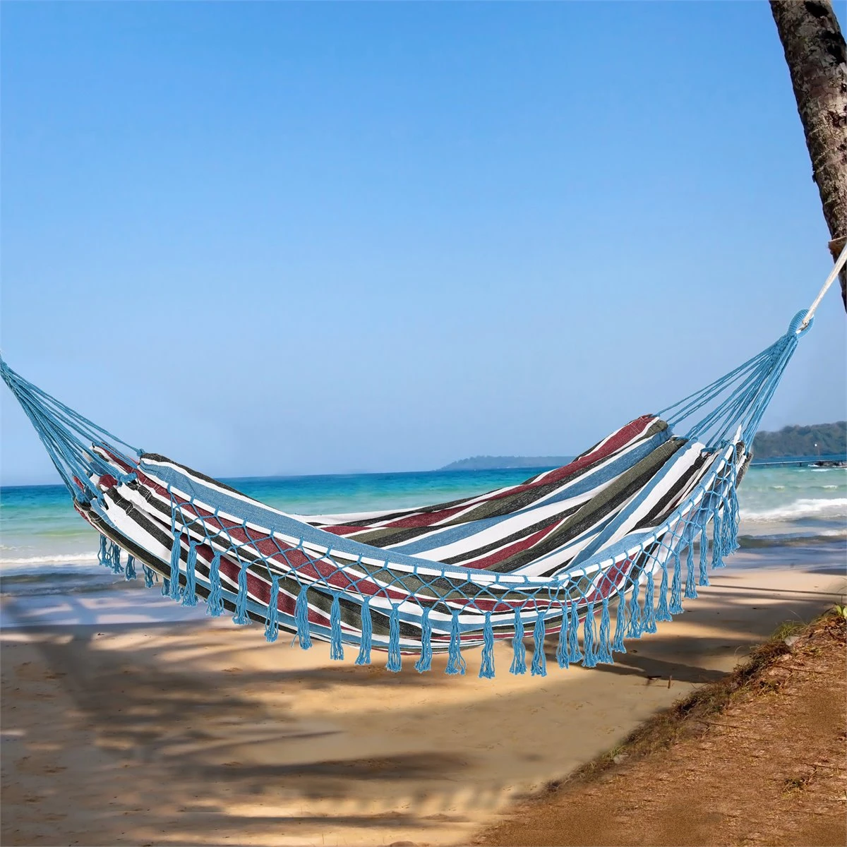 Outsunny Hamaca Doble Portátil De Algodón 285x150 Cm Con Bolsa De Transporte Para Exteriores Patio Jardín Playa Camping Carga 180 Kg Multicolor 4 Outsunny Hamaca Doble Portátil De Algodón 285x150 Cm Con Bolsa De Transporte Para Exteriores Patio Jardín Playa Camping Carga 180 Kg Multicolor - Imagen 2