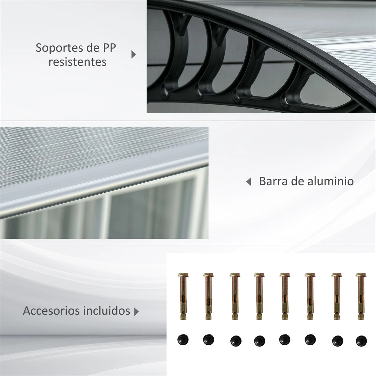 Outsunny Tejadillo De Protección 303x96 Cm Marquesina Exterior Para Puertas Y Ventanas Contra Sol Y Lluvia Con Soporte De Aleación De Aluminio PP Policarbonato Transparente 7 Outsunny Tejadillo De Protección 303x96 Cm Marquesina Exterior Para Puertas Y Ventanas Contra Sol Y Lluvia Con Soporte De Aleación De Aluminio PP Policarbonato Transparente - Imagen 5