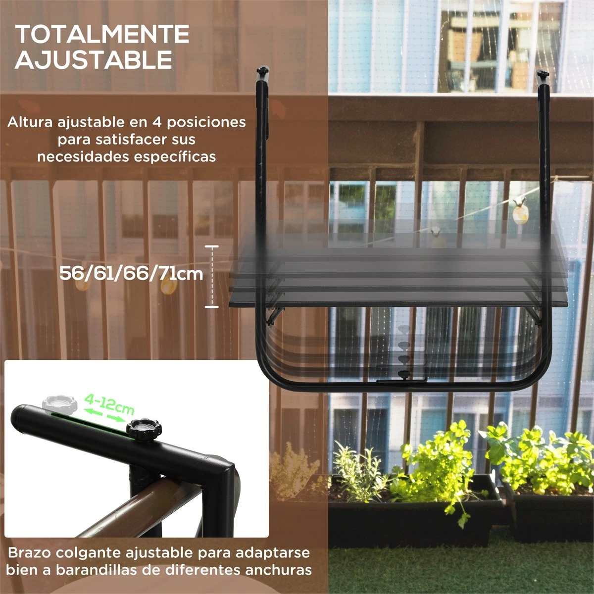 Outsunny Mesa Colgante Para Balcón Mesa De Pared De Acero Con Altura Ajustable En 4 Posiciones Carga Máx. 15 Kg Para Terraza Jardín 60x60,5x56-71 Cm Negro 6 Outsunny Mesa Colgante Para Balcón Mesa De Pared De Acero Con Altura Ajustable En 4 Posiciones Carga Máx. 15 Kg Para Terraza Jardín 60x60,5x56-71 Cm Negro - Imagen 4