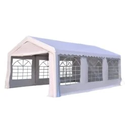 Outsunny Carpa De Jardín Cochera Gazebo 6x4m Pergola Cenador Pabellón 4 Paneles Laterales 6 Ventanas Para Fiesta Eventos Bodas Acero PE Blanco