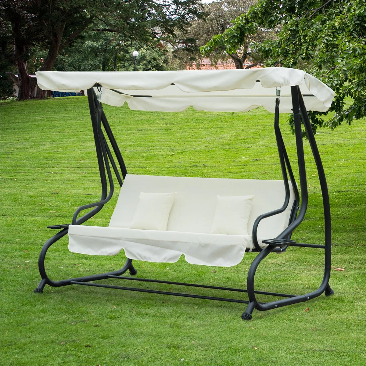 Outsunny Columpio Balancín Jardín 3 Plazas Convertible En Cama Techo Parasol Regulable Bandeja Para Bebida Terrza Balcón Exterior Carga Máx. 340kg Acero 200x120x164cm Beige 4 Outsunny Columpio Balancín Jardín 3 Plazas Convertible En Cama Techo Parasol Regulable Bandeja Para Bebida Terrza Balcón Exterior Carga Máx. 340kg Acero 200x120x164cm Beige - Imagen 2