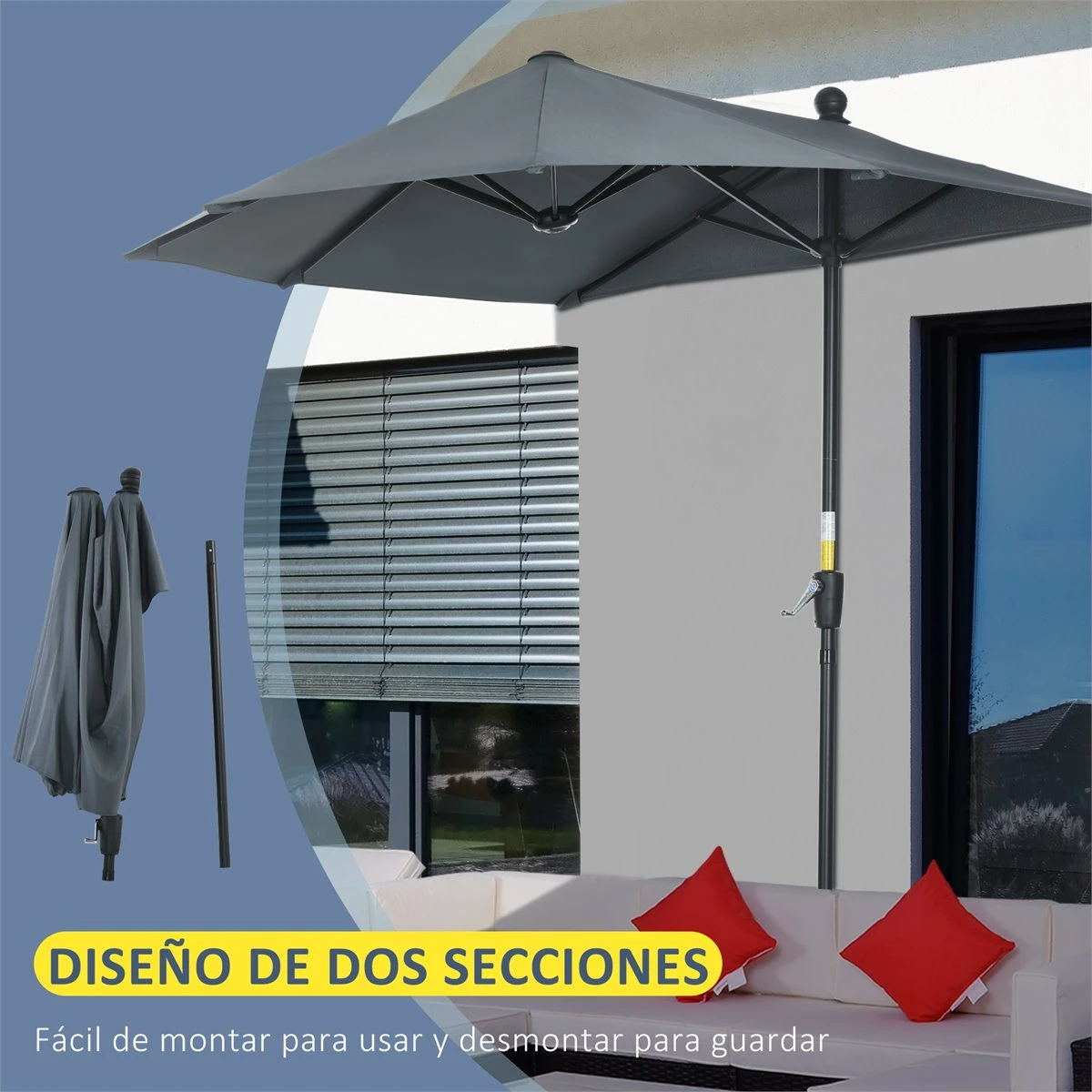 Outsunny Sombrilla De Pared De Jardín 200x190x240 Cm Parasol Con Manivela Poste De Acero Y Base Cruzada Protección Solar Para Terraza Balcón Exterior Gris 8 Outsunny Sombrilla De Pared De Jardín 200x190x240 Cm Parasol Con Manivela Poste De Acero Y Base Cruzada Protección Solar Para Terraza Balcón Exterior Gris - Imagen 6