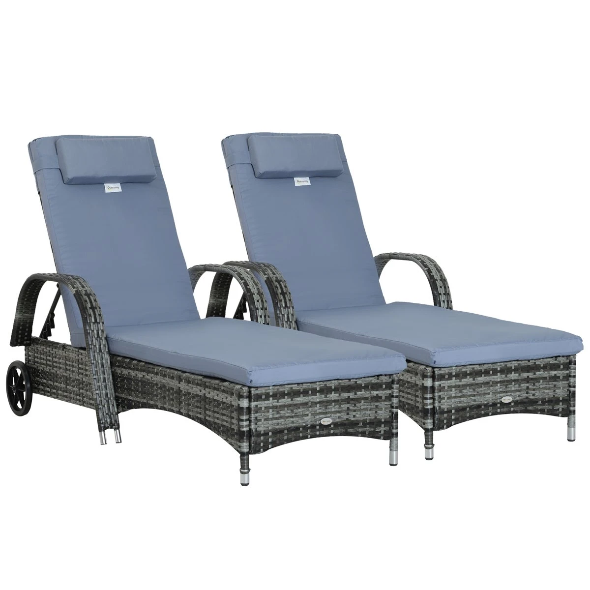 Outsunny Conjunto De 2 Tumbonas De Ratán De Jardín Chaise Longue Con Respaldo Ajustable En 5 Posiciones Cojines Acolchados Reposacabezas Y 2 Ruedas 200x73x72-103 Cm Gris 3 Outsunny Conjunto De 2 Tumbonas De Ratán De Jardín Chaise Longue Con Respaldo Ajustable En 5 Posiciones Cojines Acolchados Reposacabezas Y 2 Ruedas 200x73x72-103 Cm Gris