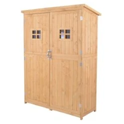 Outsunny Cobertizo De Madera Caseta De Jardín Exterior Armario Herramientas De Jardinería Con Estantes Doble Puerta Ventanas Y Techo Asfáltico 127,5x50x164 Cm Natural