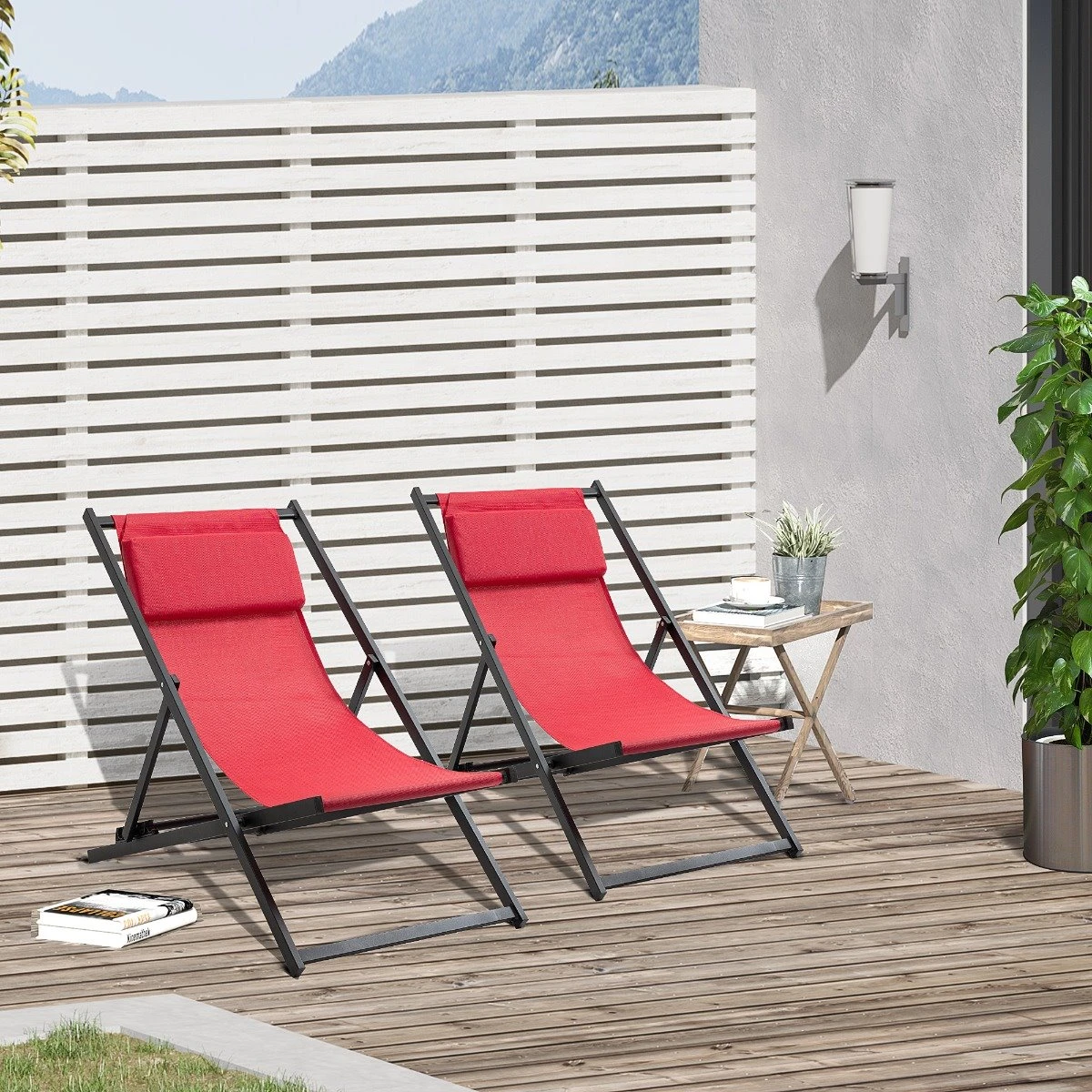 Outsunny Conjunto De 2 Tumbonas Plegables Con Respaldo Regulable En 5 Posiciones Y Reposacabezas Acolchado Incorporado 58x96.5x91.5cm Rojo Vino 3 Outsunny Conjunto De 2 Tumbonas Plegables Con Respaldo Regulable En 5 Posiciones Y Reposacabezas Acolchado Incorporado 58x96.5x91.5cm Rojo Vino - Imagen 2