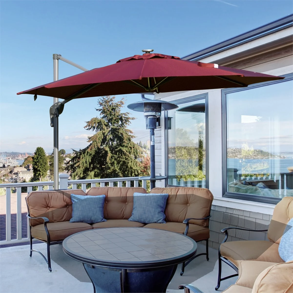 Outsunny Sombrilla De 300 Cm De Aluminio Luces LED Protección UV 50+ Giratorio 360° Con Manivela Panel Solar Techo Reclinable Base Cruzada Rojo 4 Outsunny Sombrilla De 300 Cm De Aluminio Luces LED Protección UV 50+ Giratorio 360° Con Manivela Panel Solar Techo Reclinable Base Cruzada Rojo - Imagen 2