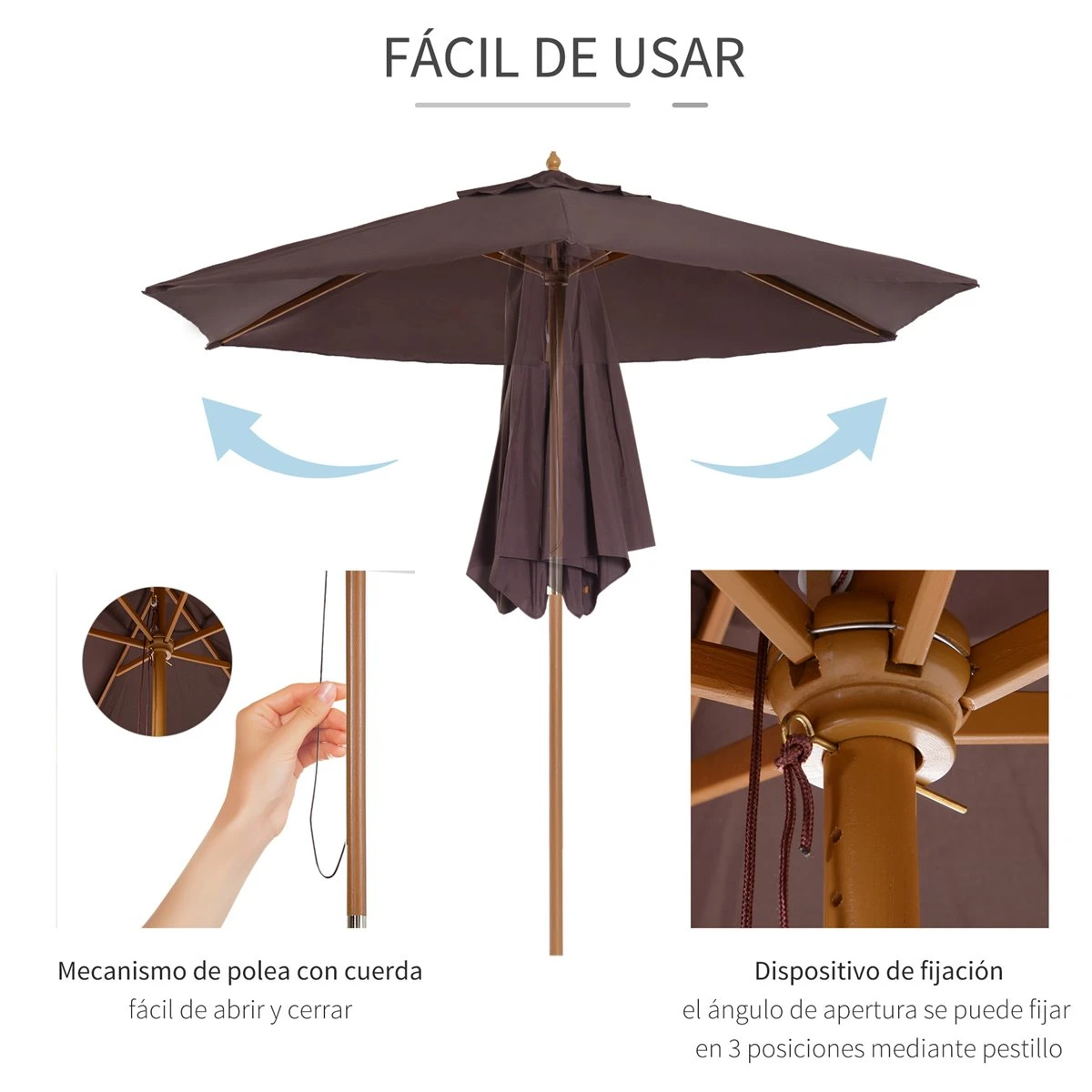 Outsunny Sombrilla Parasol De Madera Ø250x230cm Para Exterior Con 6 Varillas Sistema De Cuerda Con Fijación Desmontable Portátil Fácil De Guardar Y Transportar Café 6 Outsunny Sombrilla Parasol De Madera Ø250x230cm Para Exterior Con 6 Varillas Sistema De Cuerda Con Fijación Desmontable Portátil Fácil De Guardar Y Transportar Café - Imagen 4