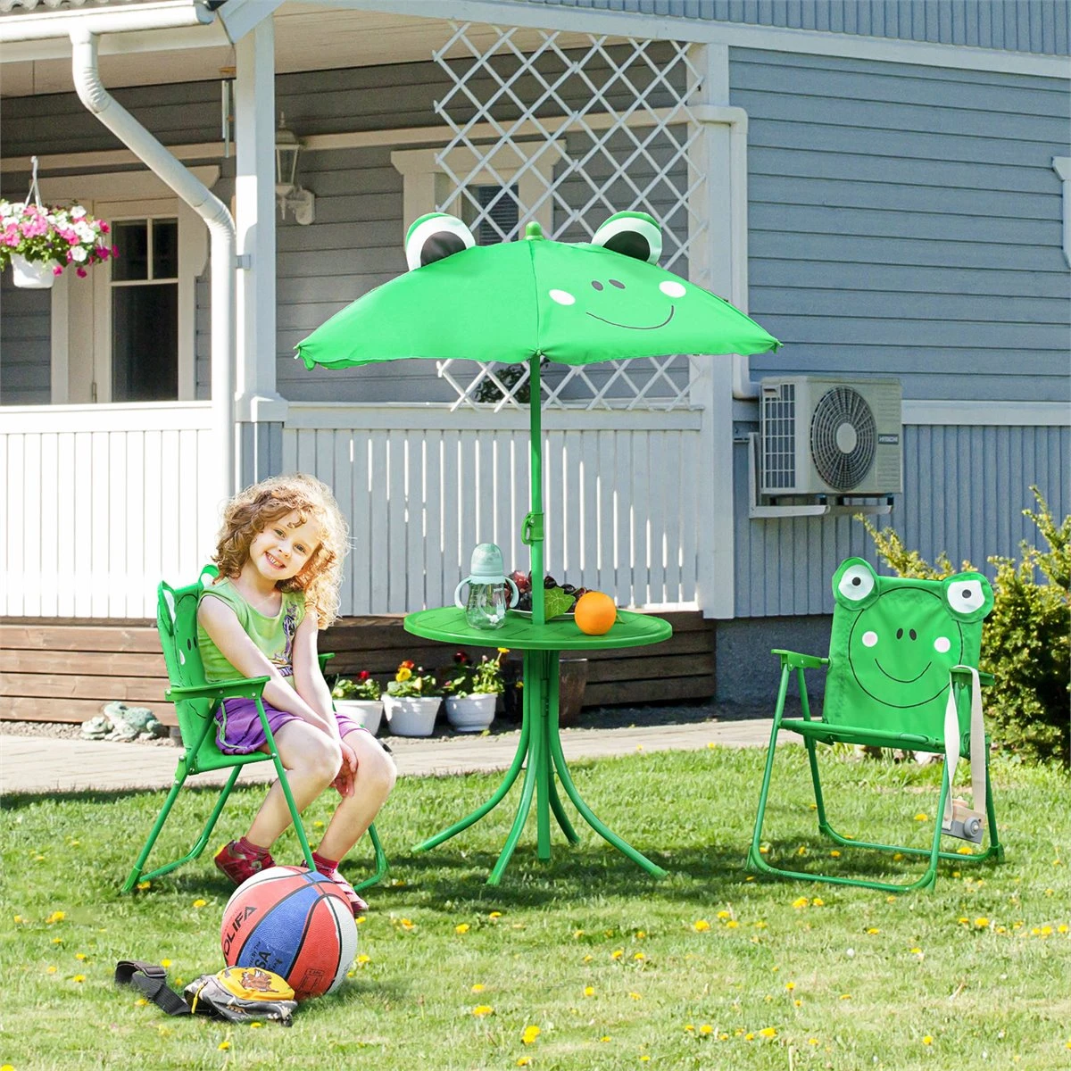 Outsunny Set De Mesa Y Sillas Infantil De Jardín Conjunto De Picnic Plegable Para Niños Juego De Mesa Con Sombrilla Ajustable En Altura De 100-125 Cm Diseño De Rana Verde 4 Outsunny Set De Mesa Y Sillas Infantil De Jardín Conjunto De Picnic Plegable Para Niños Juego De Mesa Con Sombrilla Ajustable En Altura De 100-125 Cm Diseño De Rana Verde - Imagen 2