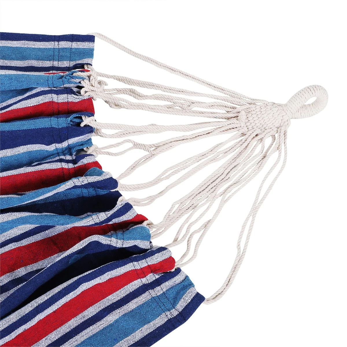 Outsunny Hamaca De Algodón Para Jardín 210x150 Cm Hamaca Colgante Portátil Carga Máx. 180 Kg Para Acampar Piscina Camping Rayas Azul Y Rojo 11 Outsunny Hamaca De Algodón Para Jardín 210x150 Cm Hamaca Colgante Portátil Carga Máx. 180 Kg Para Acampar Piscina Camping Rayas Azul Y Rojo - Imagen 9