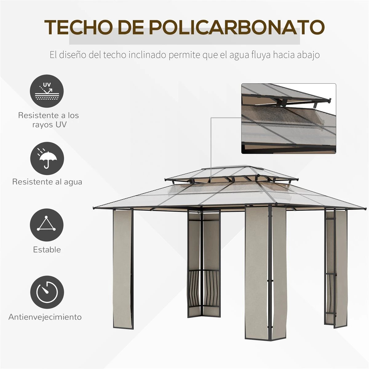 Outsunny Cenador De Jardín 3,6x3 M Pabellón Para Exterior Con Techo De Policarbonato Y Estructura De Acero Aluminio Protección Solar Para Fiestas Eventos Marrón 6 Outsunny Cenador De Jardín 3,6x3 M Pabellón Para Exterior Con Techo De Policarbonato Y Estructura De Acero Aluminio Protección Solar Para Fiestas Eventos Marrón - Imagen 4