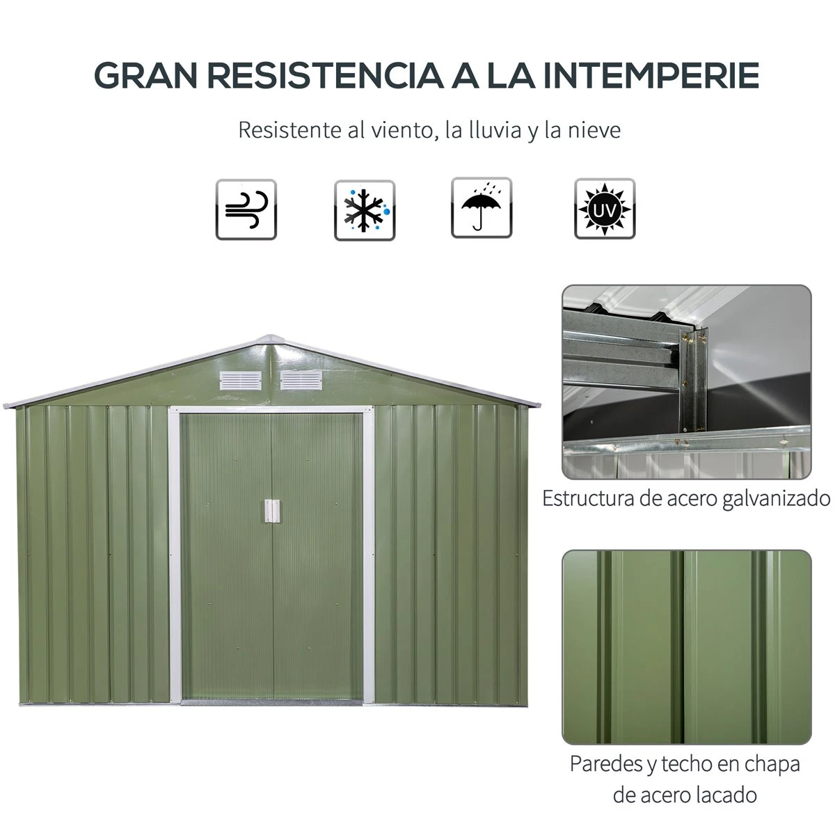 Outsunny Cobertizo De Jardín Exterior 277x195x192 Cm Caseta De Jardín Metálica Para Almacenamiento De Herramientas Con 4 Ventanas 4,83 M² Verde Claro 6 Outsunny Cobertizo De Jardín Exterior 277x195x192 Cm Caseta De Jardín Metálica Para Almacenamiento De Herramientas Con 4 Ventanas 4,83 M² Verde Claro - Imagen 4