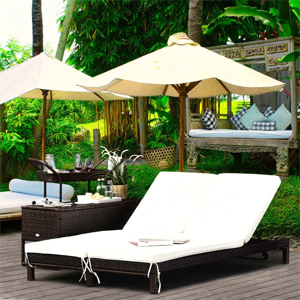 Outsunny Conjunto De Tumbona Exterior De Ratán 2 Plazas Con Cojines Acolchados Resistente Al Agua Con Respaldo Regulable De 5 Niveles Soporta 220 Kg 195x120x28 Cm Marrón 4 Outsunny Conjunto De Tumbona Exterior De Ratán 2 Plazas Con Cojines Acolchados Resistente Al Agua Con Respaldo Regulable De 5 Niveles Soporta 220 Kg 195x120x28 Cm Marrón - Imagen 2