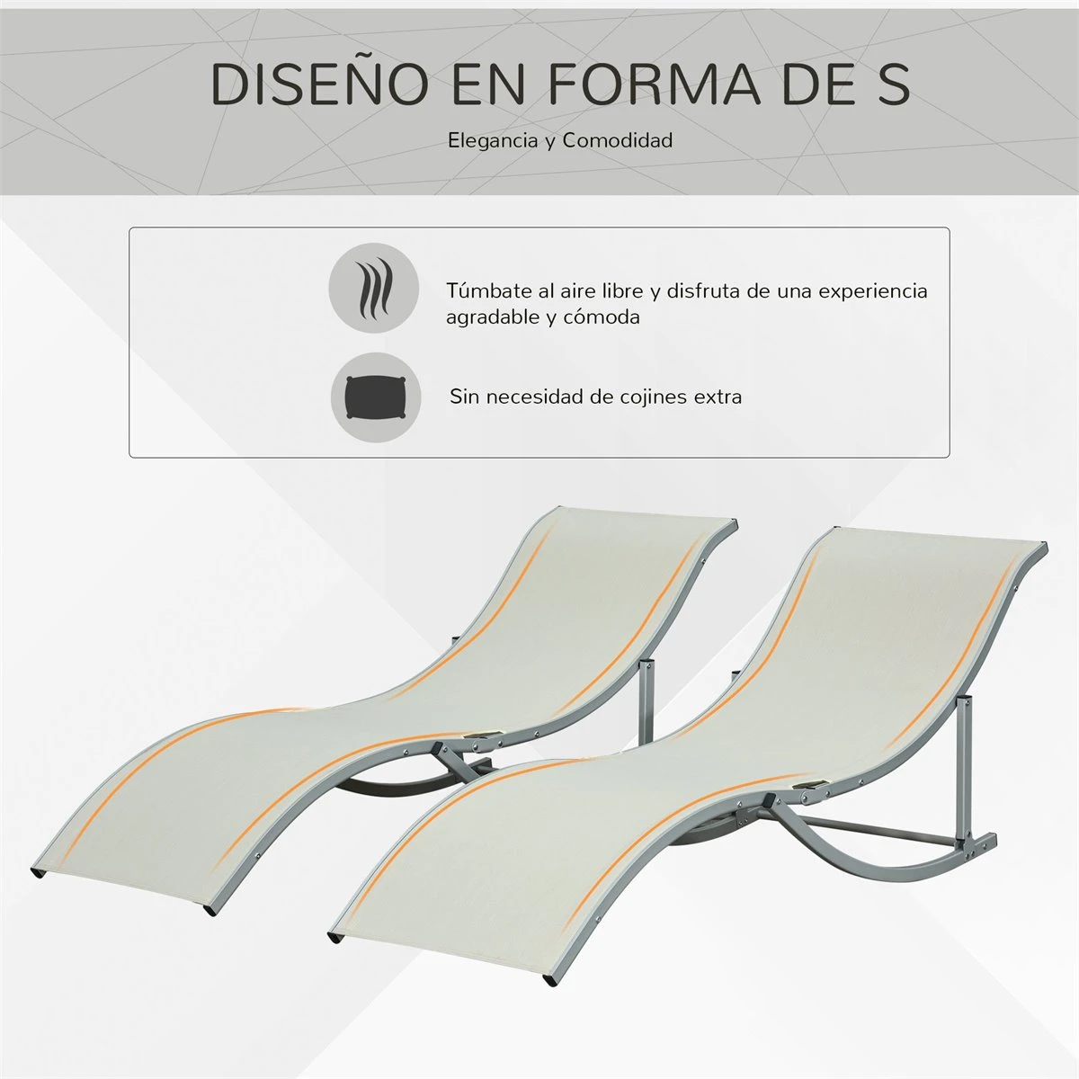 Outsunny 2 Tumbonas Plegables En Forma De S Ergonómica Con Marco De Aluminio Texteline Para Piscina Patio Jardín Terraza 165x61x63 Cm Beige 7 Outsunny 2 Tumbonas Plegables En Forma De S Ergonómica Con Marco De Aluminio Texteline Para Piscina Patio Jardín Terraza 165x61x63 Cm Beige - Imagen 5
