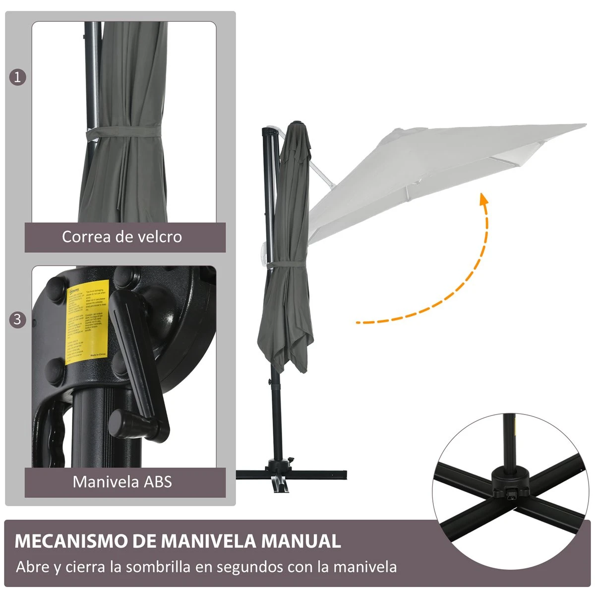 Outsunny Sombrilla De Jardín De Aluminio 245x245x245 Cm Parasol Excéntrico Con Manivela Giratorio 360° Inclinación De 5 Niveles Tela Desmontable Y Ventilación Para Patio Terraza Gris 8 Outsunny Sombrilla De Jardín De Aluminio 245x245x245 Cm Parasol Excéntrico Con Manivela Giratorio 360° Inclinación De 5 Niveles Tela Desmontable Y Ventilación Para Patio Terraza Gris - Imagen 6