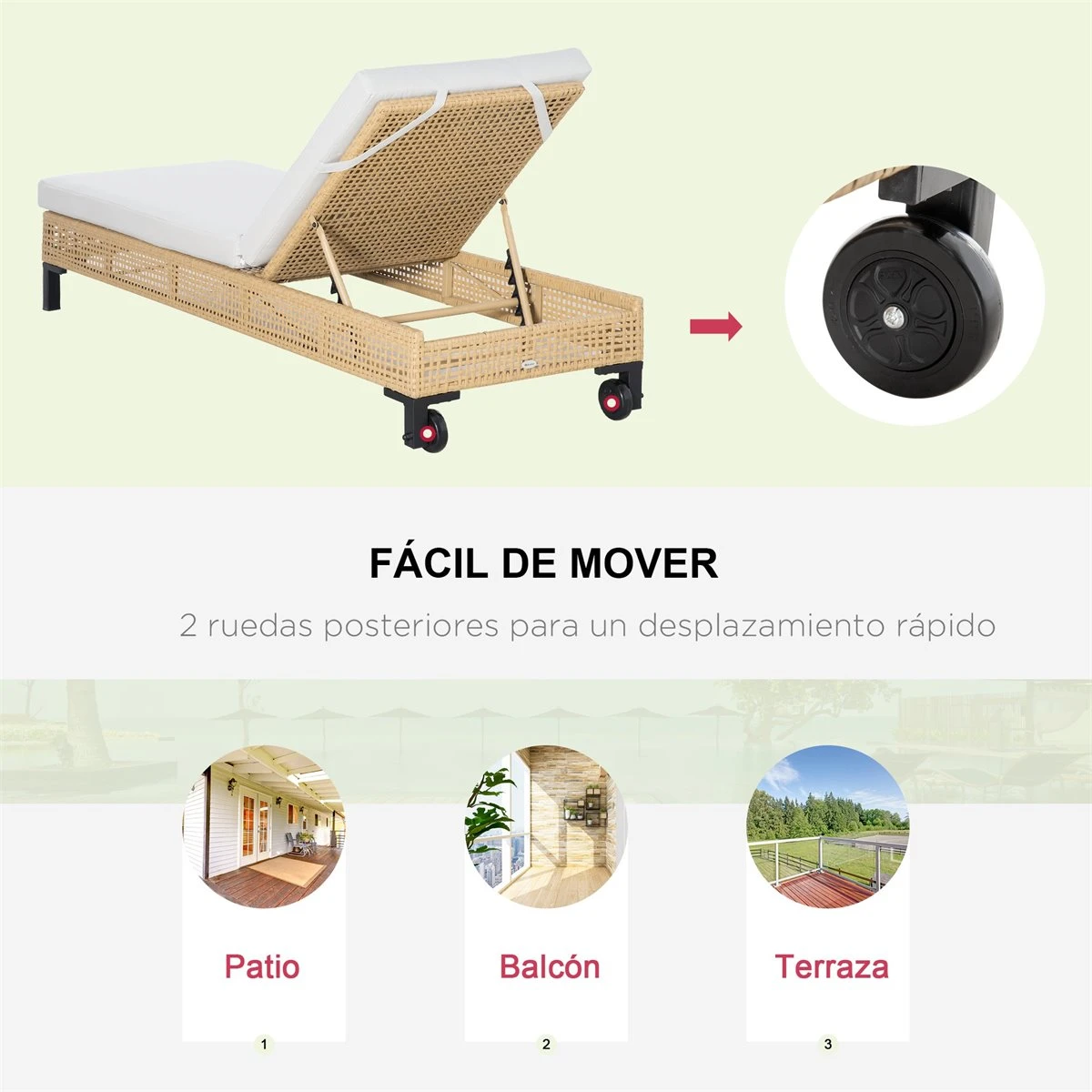 Outsunny Tumbona De Ratán Sintético Chaise Longue Con Respaldo Ajustable En 5 Posiciones Cojín Acolchado Y 2 Ruedas Para Jardín Terraza Acero 200x65x31 Cm Natural Y Beige 9 Outsunny Tumbona De Ratán Sintético Chaise Longue Con Respaldo Ajustable En 5 Posiciones Cojín Acolchado Y 2 Ruedas Para Jardín Terraza Acero 200x65x31 Cm Natural Y Beige - Imagen 7