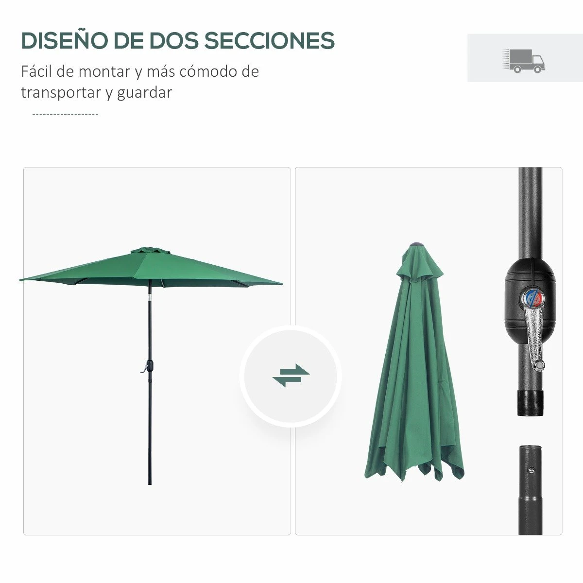 Outsunny Sombrilla De Jardín Ø295x250 Cm Con Manivela Parasol Exterior Con Mecanismo De Inclinación Y Poste Desmontable De Metal Para Terraza Piscina Patio Verde 8 Outsunny Sombrilla De Jardín Ø295x250 Cm Con Manivela Parasol Exterior Con Mecanismo De Inclinación Y Poste Desmontable De Metal Para Terraza Piscina Patio Verde - Imagen 6