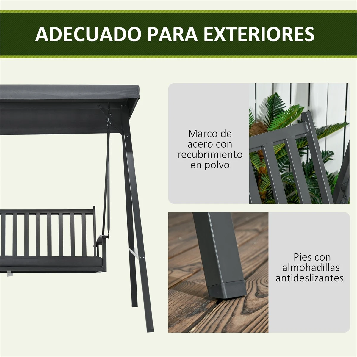 Outsunny Columpio De Jardín De 3 Plazas Silla Balancín Con Toldo Inclinable Cojín Extraíble Y Marco De Acero Para Terraza Piscina Patio Carga 360 Kg 210x128x184 Cm Gris Oscuro 8 Outsunny Columpio De Jardín De 3 Plazas Silla Balancín Con Toldo Inclinable Cojín Extraíble Y Marco De Acero Para Terraza Piscina Patio Carga 360 Kg 210x128x184 Cm Gris Oscuro - Imagen 6
