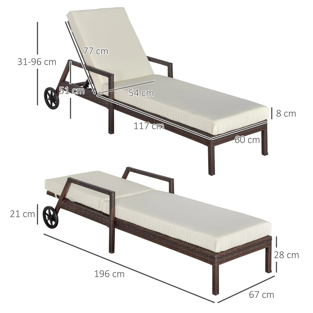 Outsunny Conjunto De 2 Tumbonas De Ratán De Jardín Con Cojines Acolchados Respaldo Ajustable En 5 Posiciones 2 Ruedas Y Tela Extraíble Lavable 67x196x51 Cm Crema 5 Outsunny Conjunto De 2 Tumbonas De Ratán De Jardín Con Cojines Acolchados Respaldo Ajustable En 5 Posiciones 2 Ruedas Y Tela Extraíble Lavable 67x196x51 Cm Crema - Imagen 3
