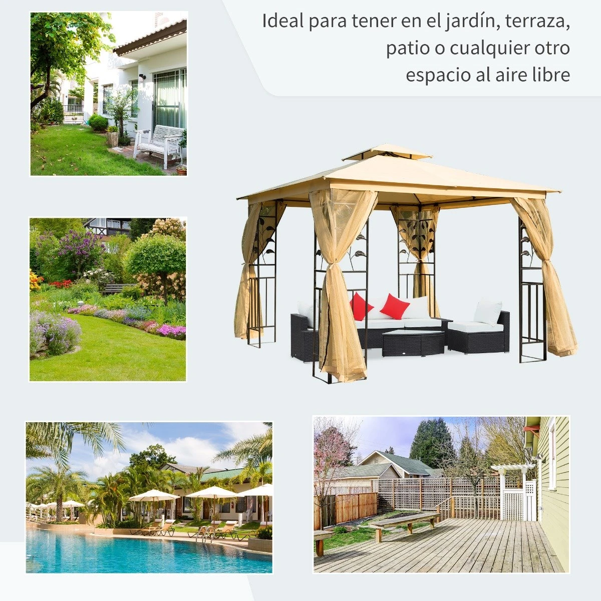 Outsunny Cenador De Jardín 300x300x280 Cm Carpas Para Exterior Grandes Doble Techo Con Mosquitera Y Piquetas Para El Suelo Fácil De Drenar Poliéster Acero Beige 9 Outsunny Cenador De Jardín 300x300x280 Cm Carpas Para Exterior Grandes Doble Techo Con Mosquitera Y Piquetas Para El Suelo Fácil De Drenar Poliéster Acero Beige - Imagen 7