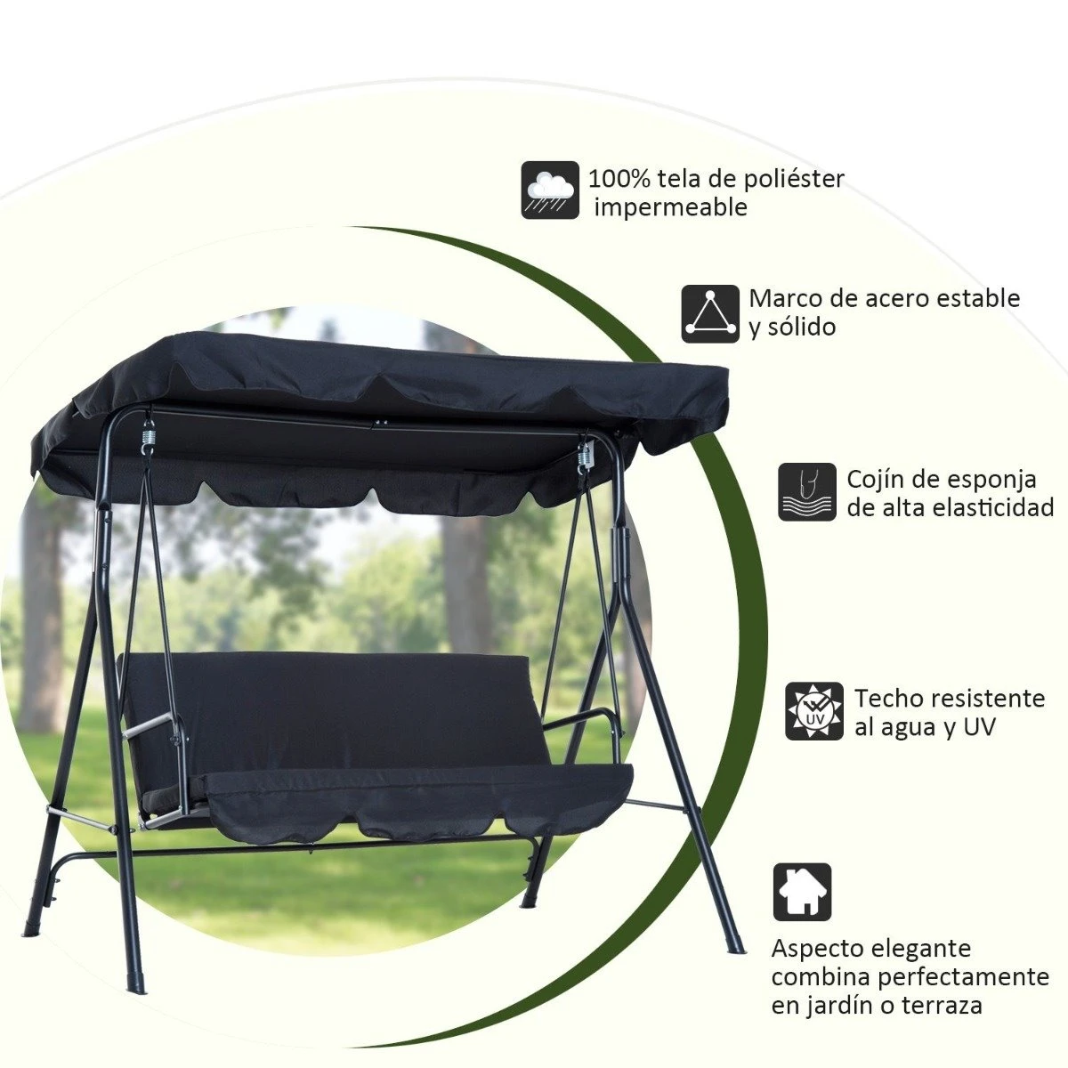 Outsunny Columpio De Jardín De 3 Plazas Silla Balancín Con Parasol Techo Ajustable En Ángulo Para Terraza Balcón Carga Máx. 200 Kg Acero 172x110x153 Cm Negro 9 Outsunny Columpio De Jardín De 3 Plazas Silla Balancín Con Parasol Techo Ajustable En Ángulo Para Terraza Balcón Carga Máx. 200 Kg Acero 172x110x153 Cm Negro - Imagen 7