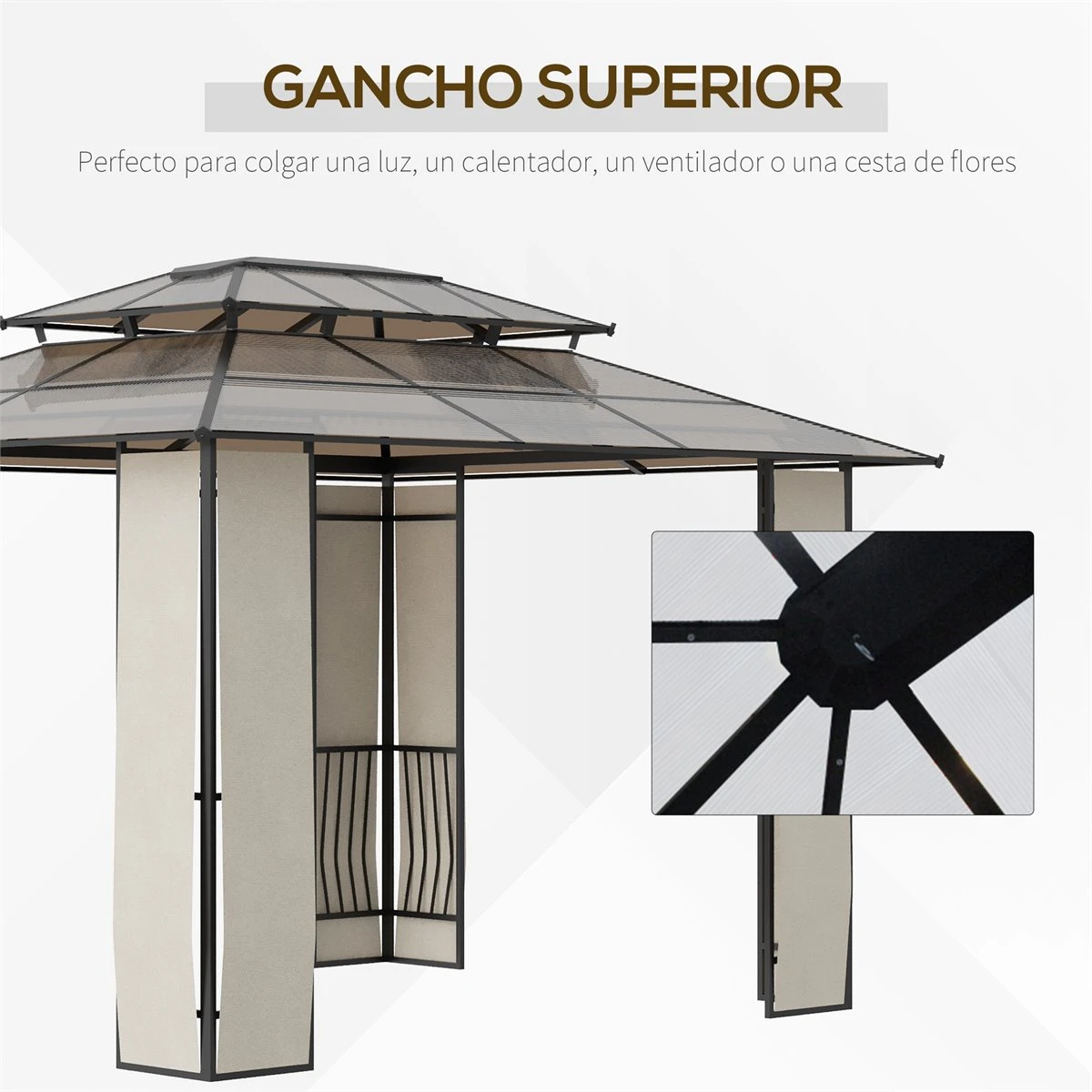 Outsunny Cenador De Jardín 3,6x3 M Pabellón Para Exterior Con Techo De Policarbonato Y Estructura De Acero Aluminio Protección Solar Para Fiestas Eventos Marrón 7 Outsunny Cenador De Jardín 3,6x3 M Pabellón Para Exterior Con Techo De Policarbonato Y Estructura De Acero Aluminio Protección Solar Para Fiestas Eventos Marrón - Imagen 5
