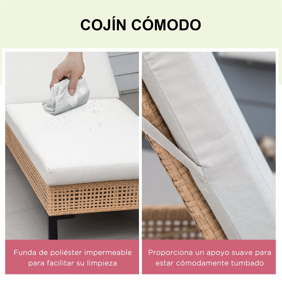 Outsunny Tumbona De Ratán Sintético Chaise Longue Con Respaldo Ajustable En 5 Posiciones Cojín Acolchado Y 2 Ruedas Para Jardín Terraza Acero 200x65x31 Cm Natural Y Beige 8 Outsunny Tumbona De Ratán Sintético Chaise Longue Con Respaldo Ajustable En 5 Posiciones Cojín Acolchado Y 2 Ruedas Para Jardín Terraza Acero 200x65x31 Cm Natural Y Beige - Imagen 6