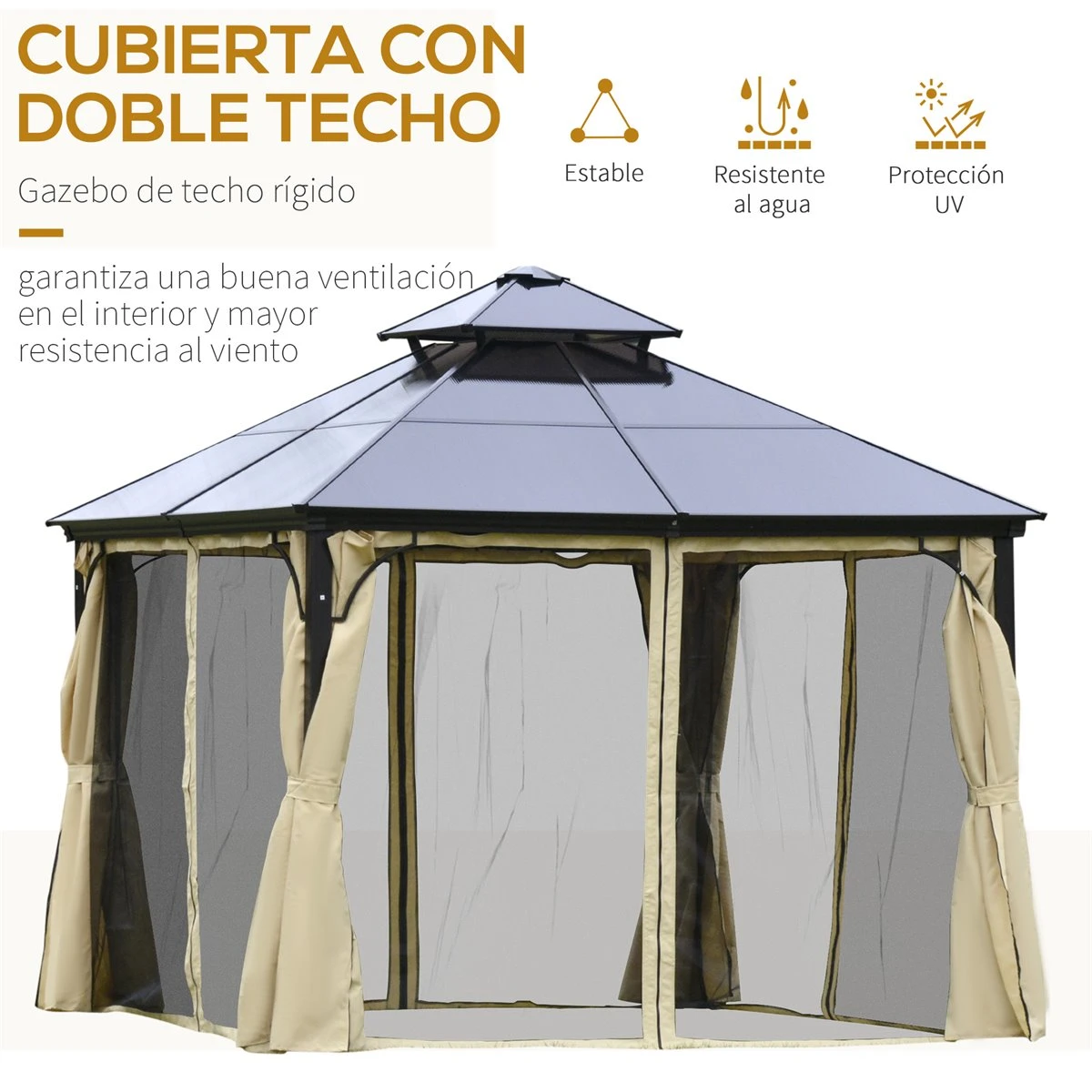 Outsunny Cenador De Jardín 3x3 M Marco De Aluminio Con Doble Techo De Policarbonato Y 4 Cortinas 4 Mosquiteras Con Cremallera Para Exterior Fiestas Beige Y Negro 6 Outsunny Cenador De Jardín 3x3 M Marco De Aluminio Con Doble Techo De Policarbonato Y 4 Cortinas 4 Mosquiteras Con Cremallera Para Exterior Fiestas Beige Y Negro - Imagen 4