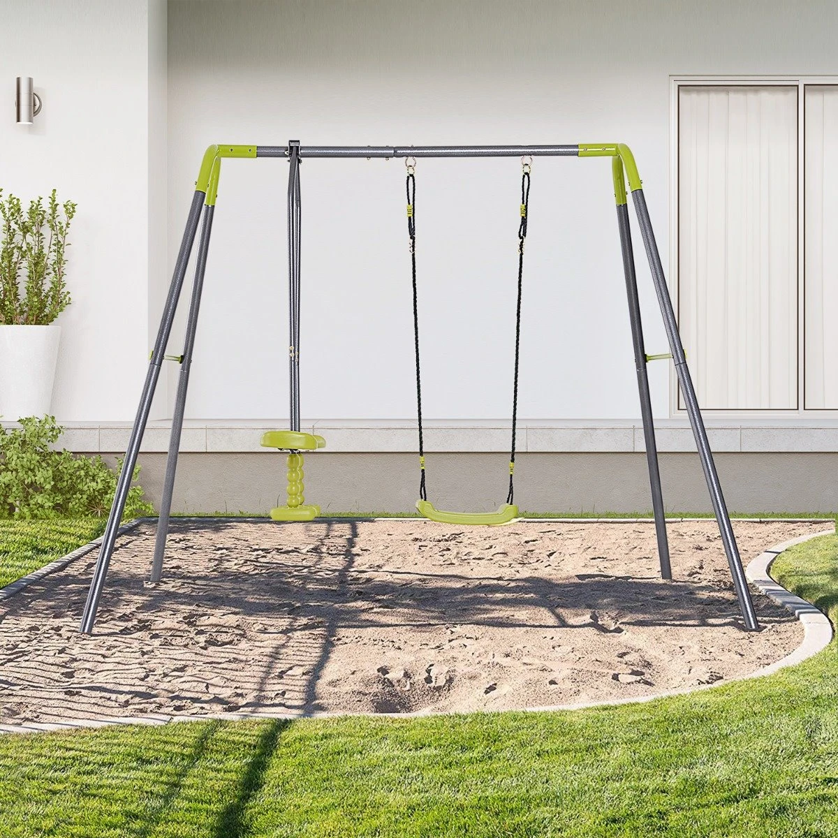 HOMCOM Set De Columpio Infantil Al Aire Libre Con Columpio Y Balancín Doble Plaza Juguetes Exterior Adecuado Para +3 Años 245x138x180cm Verde Y Gris 4 HOMCOM Set De Columpio Infantil Al Aire Libre Con Columpio Y Balancín Doble Plaza Juguetes Exterior Adecuado Para +3 Años 245x138x180cm Verde Y Gris - Imagen 2