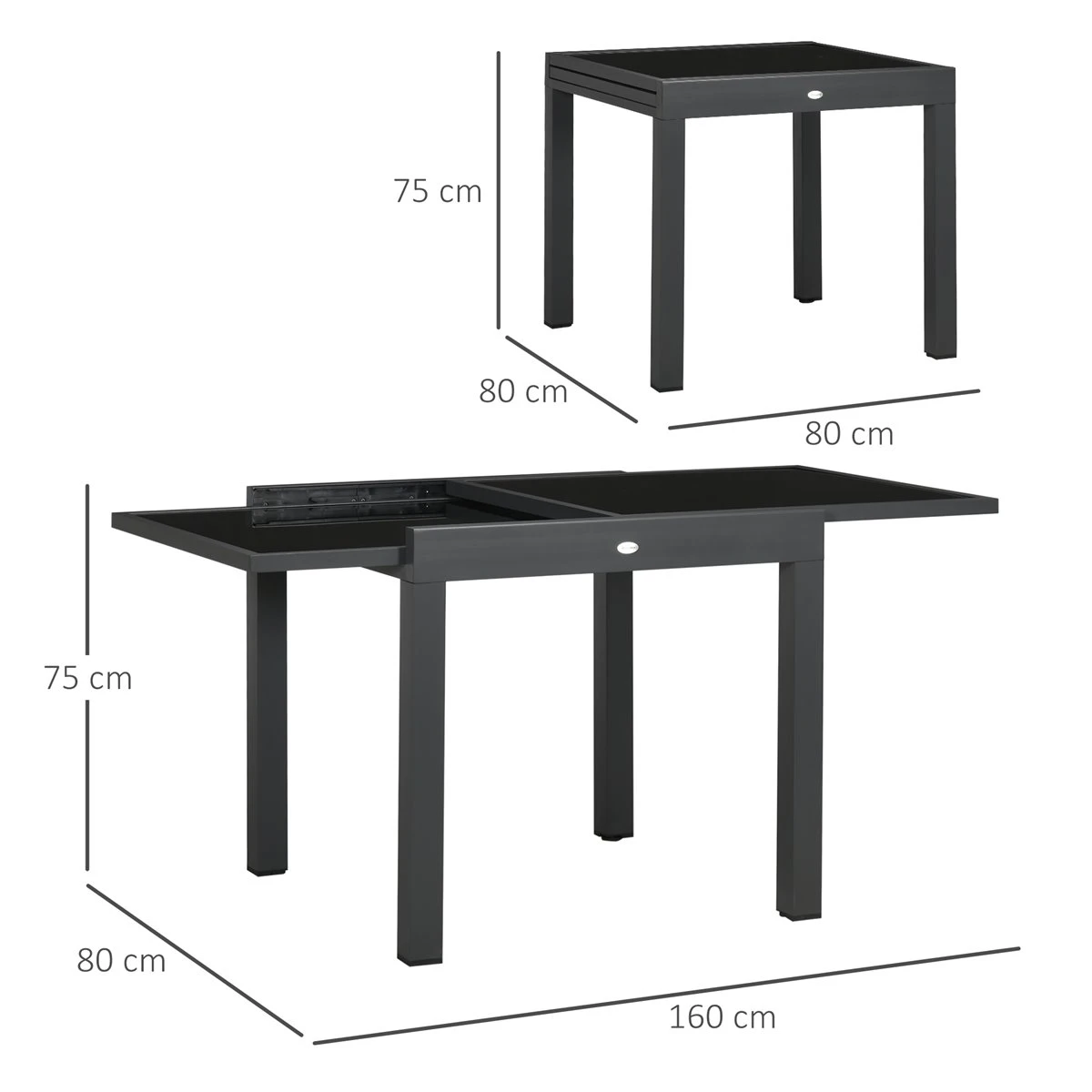 Outsunny Mesa De Jardín Extensible De Aluminio Mesa De Comedor Rectangular Con Encimera De Vidrio Templado Carga 50 Kg Para Terraza 160x80x75 Cm Negro 4 Outsunny Mesa De Jardín Extensible De Aluminio Mesa De Comedor Rectangular Con Encimera De Vidrio Templado Carga 50 Kg Para Terraza 160x80x75 Cm Negro - Imagen 2