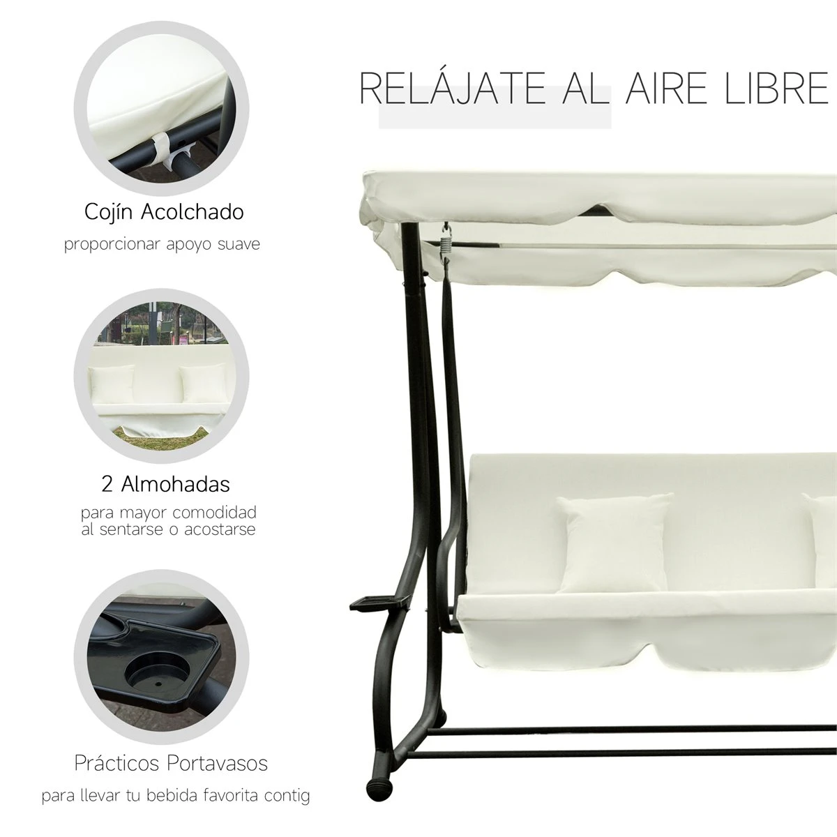 Outsunny Columpio Balancín Jardín 3 Plazas Convertible En Cama Techo Parasol Regulable Bandeja Para Bebida Terrza Balcón Exterior Carga Máx. 340kg Acero 200x120x164cm Beige 9 Outsunny Columpio Balancín Jardín 3 Plazas Convertible En Cama Techo Parasol Regulable Bandeja Para Bebida Terrza Balcón Exterior Carga Máx. 340kg Acero 200x120x164cm Beige - Imagen 7