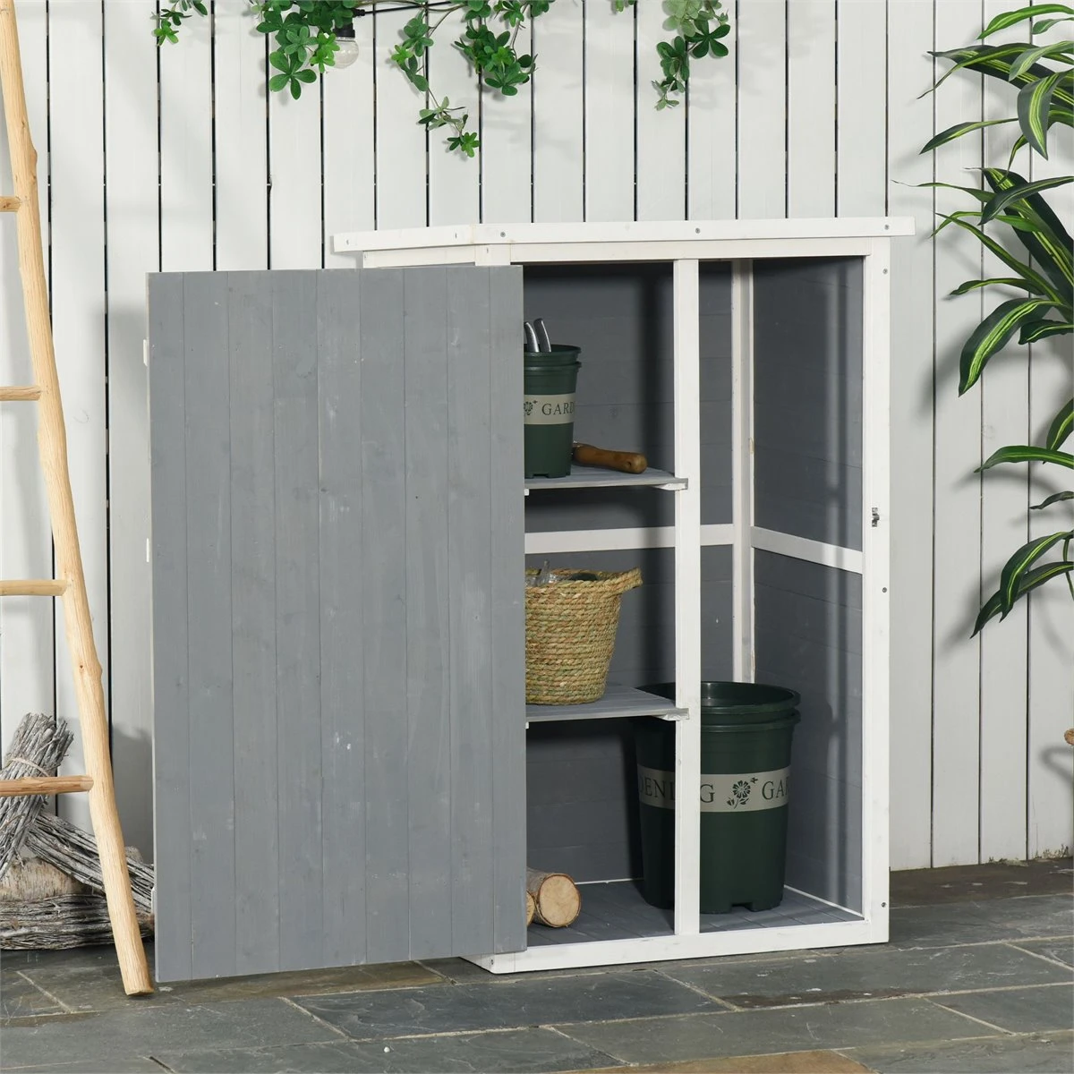 Outsunny Caseta De Jardín De Madera 75x56x115 Cm Armario Cobertizo De Exterior Para Herramientas Con 3 Estantes Interiores Puerta Con Pestillo Y Techo Asfáltico Gris 3 Outsunny Caseta De Jardín De Madera 75x56x115 Cm Armario Cobertizo De Exterior Para Herramientas Con 3 Estantes Interiores Puerta Con Pestillo Y Techo Asfáltico Gris - Imagen 2