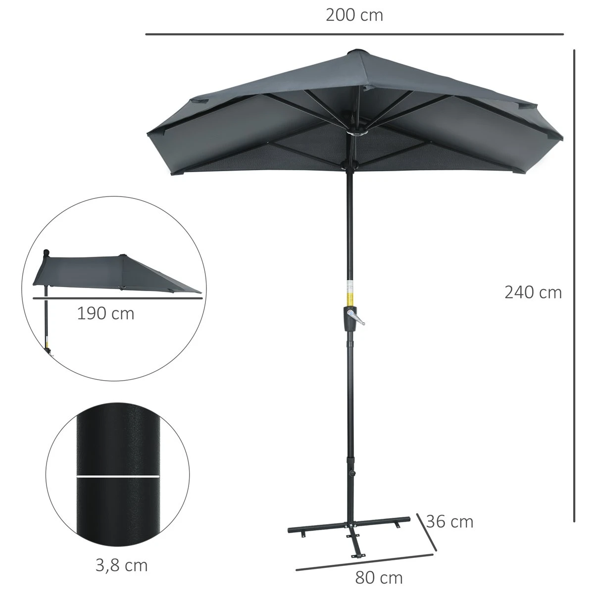 Outsunny Sombrilla De Pared De Jardín 200x190x240 Cm Parasol Con Manivela Poste De Acero Y Base Cruzada Protección Solar Para Terraza Balcón Exterior Gris 5 Outsunny Sombrilla De Pared De Jardín 200x190x240 Cm Parasol Con Manivela Poste De Acero Y Base Cruzada Protección Solar Para Terraza Balcón Exterior Gris - Imagen 3