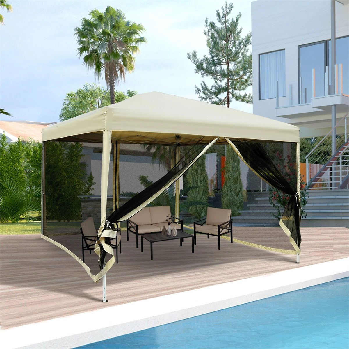 Outsunny Carpa Plegable 3x3 Para Exterior Cenador Portátil De Jardín Con Mosquiteras Bolsa De Transporte Marco De Acero Y Tela Oxford Resistente Para Fiestas Camping Beige 6 Outsunny Carpa Plegable 3x3 Para Exterior Cenador Portátil De Jardín Con Mosquiteras Bolsa De Transporte Marco De Acero Y Tela Oxford Resistente Para Fiestas Camping Beige - Imagen 4