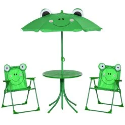 Outsunny Set De Mesa Y Sillas Infantil De Jardín Conjunto De Picnic Plegable Para Niños Juego De Mesa Con Sombrilla Ajustable En Altura De 100-125 Cm Diseño De Rana Verde