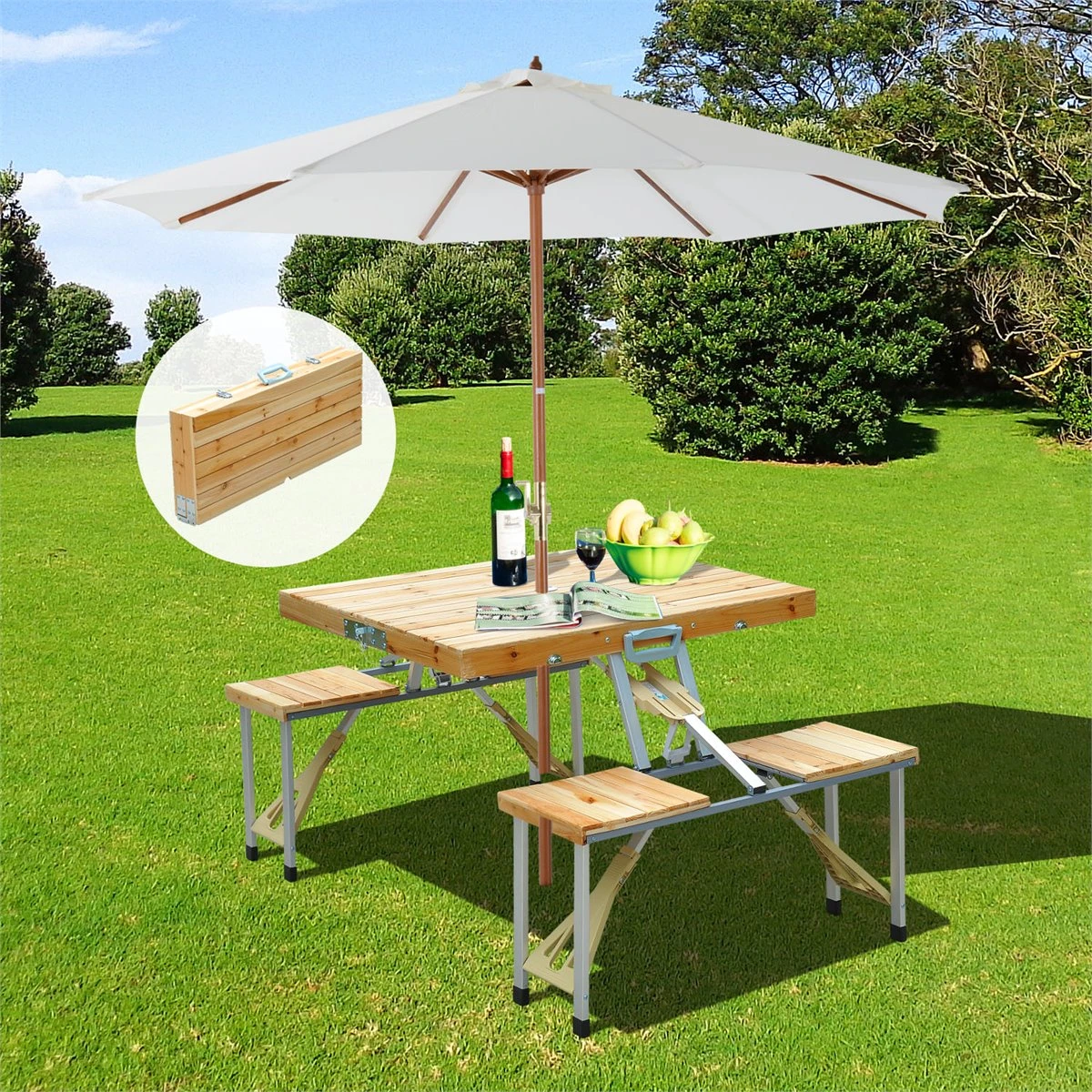 Outsunny Mesa Plegable Para Camping Picnic Playa Con 4 Asientos Y Agujero De Sombrilla Marco De Aluminio 138x85x68 Cm Natural 4 Outsunny Mesa Plegable Para Camping Picnic Playa Con 4 Asientos Y Agujero De Sombrilla Marco De Aluminio 138x85x68 Cm Natural - Imagen 2