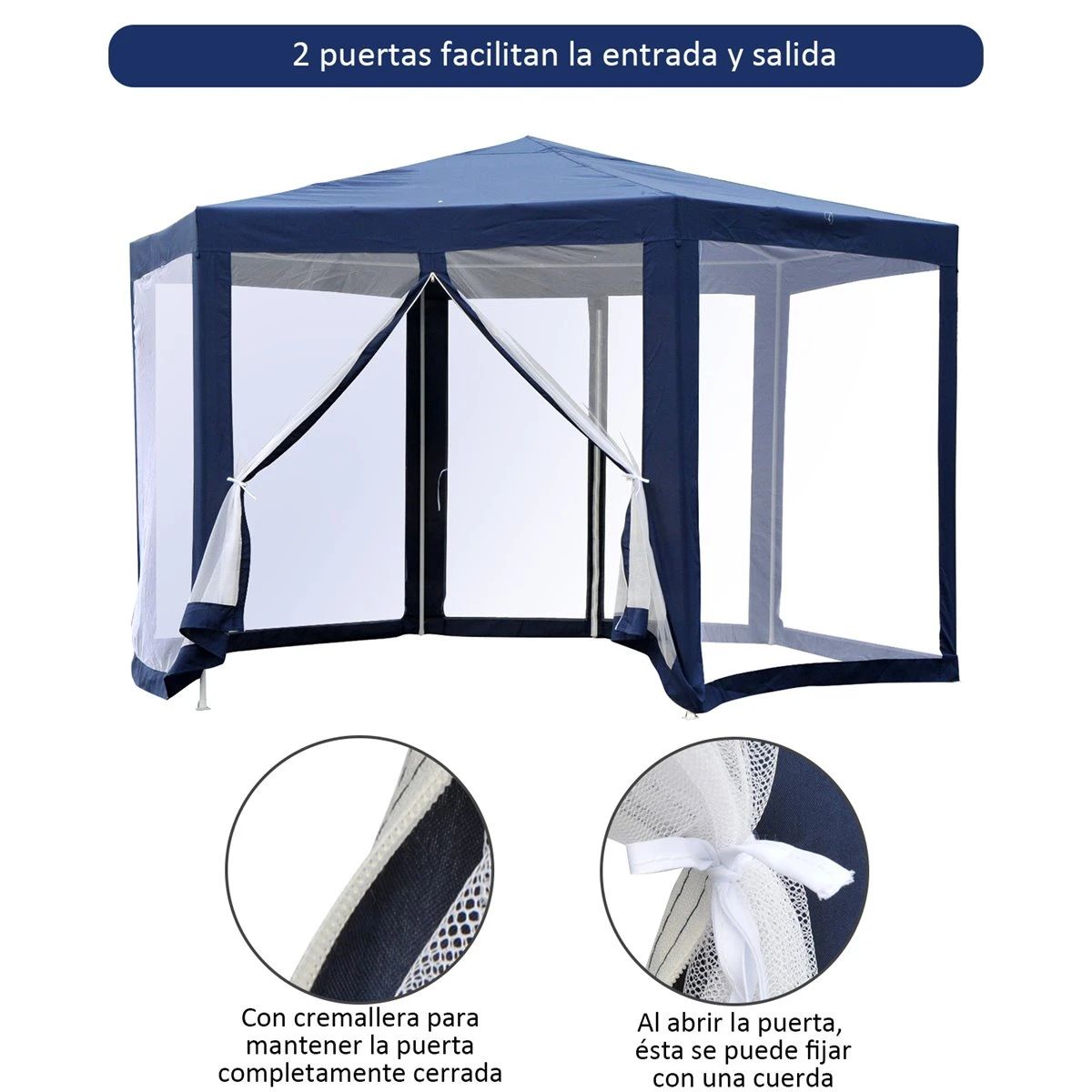 Outsunny Carpa Gazebo Tipo Cenador Hexagonal Con Mosquitera Para Jardín Y Terraza Ø1,97 M Material De Poliéster Repelente Al Agua (Azul) 6 Outsunny Carpa Gazebo Tipo Cenador Hexagonal Con Mosquitera Para Jardín Y Terraza Ø1,97 M Material De Poliéster Repelente Al Agua (Azul) - Imagen 4